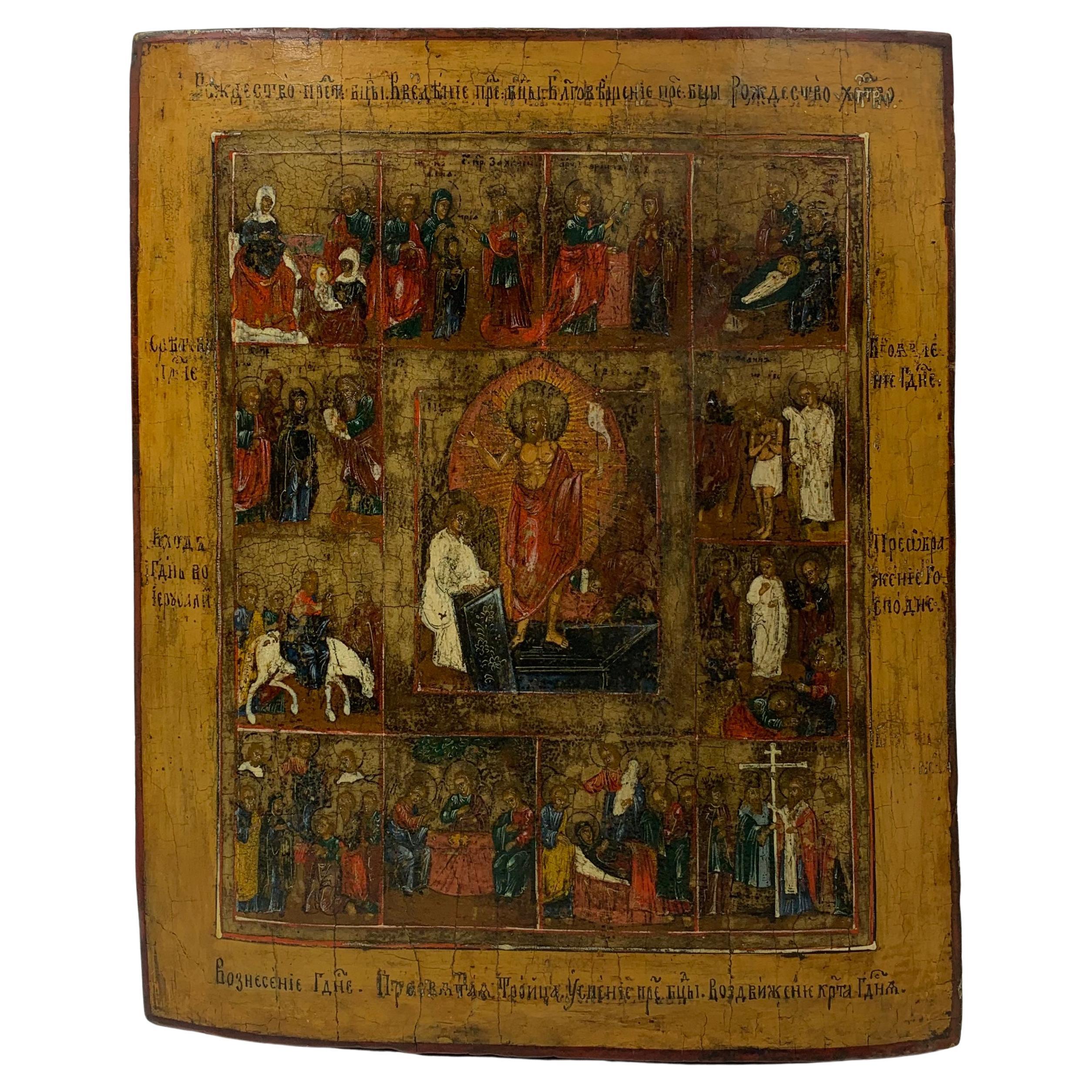 Antique Large Early 19th Century Russian Icon, Resurrection and Great Feast Days For Sale
