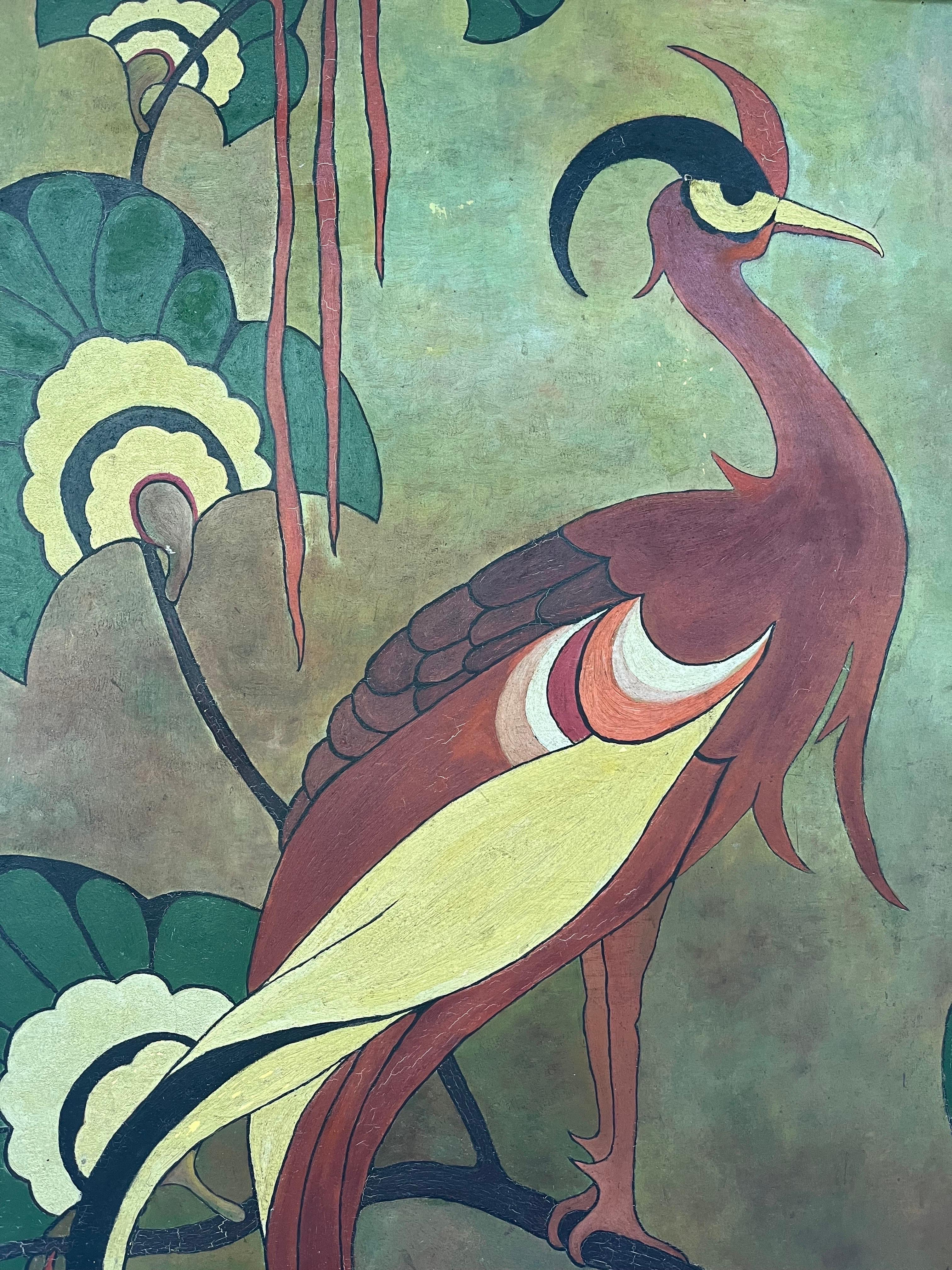 Antique Large Early 20th Century Stylized Phoenix Bird and Foliage Painting  In Good Condition In Atlanta, GA