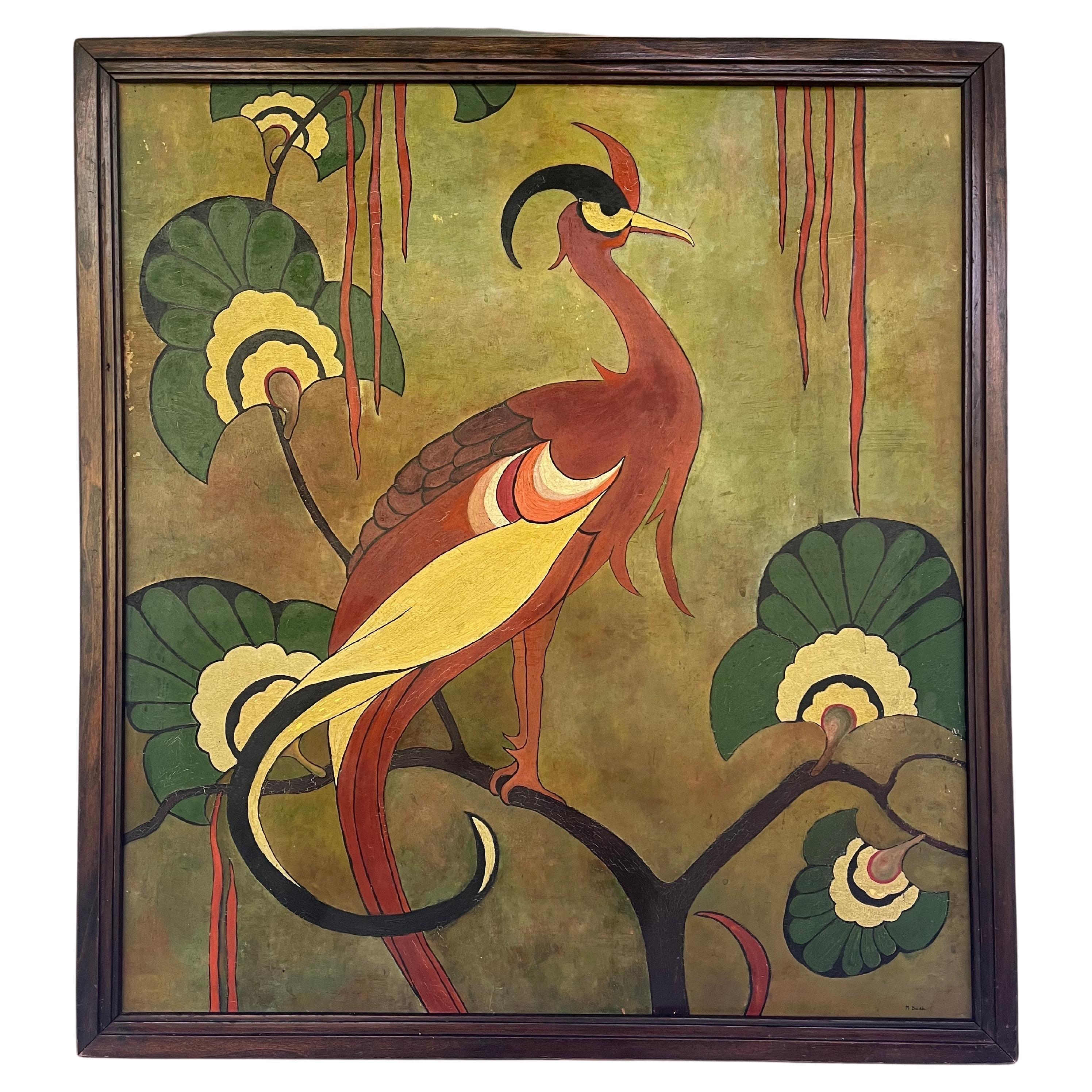 Antique Large Early 20th Century Stylized Phoenix Bird and Foliage Painting 