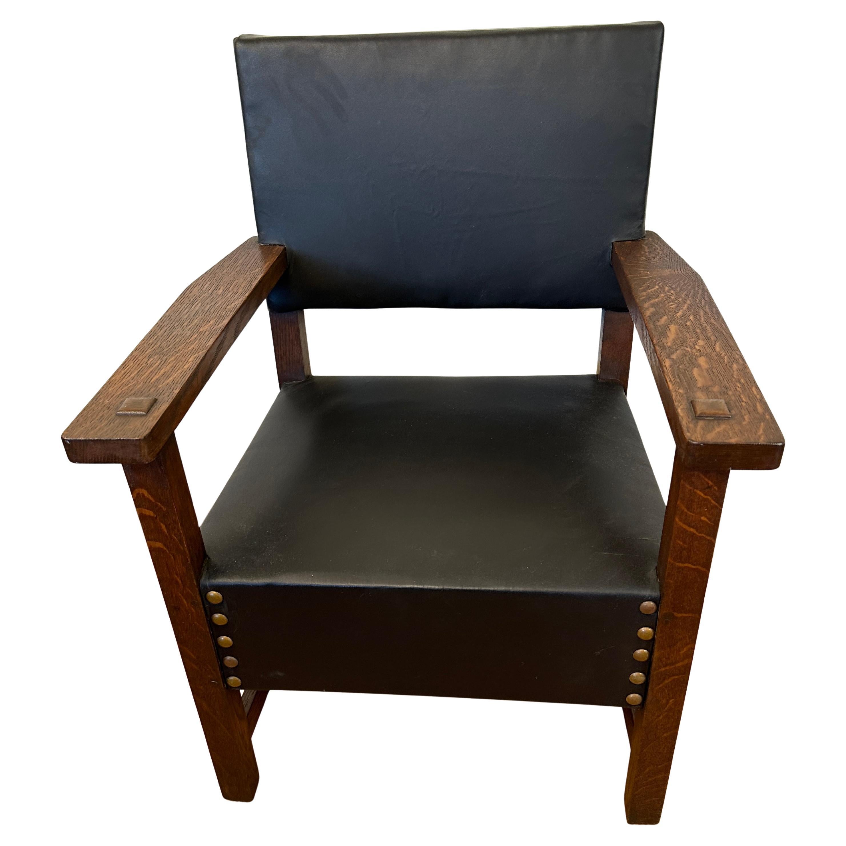 Antique LG Early L&JG Stickley Chair with Leather Seat, model #388,    MUST SELL