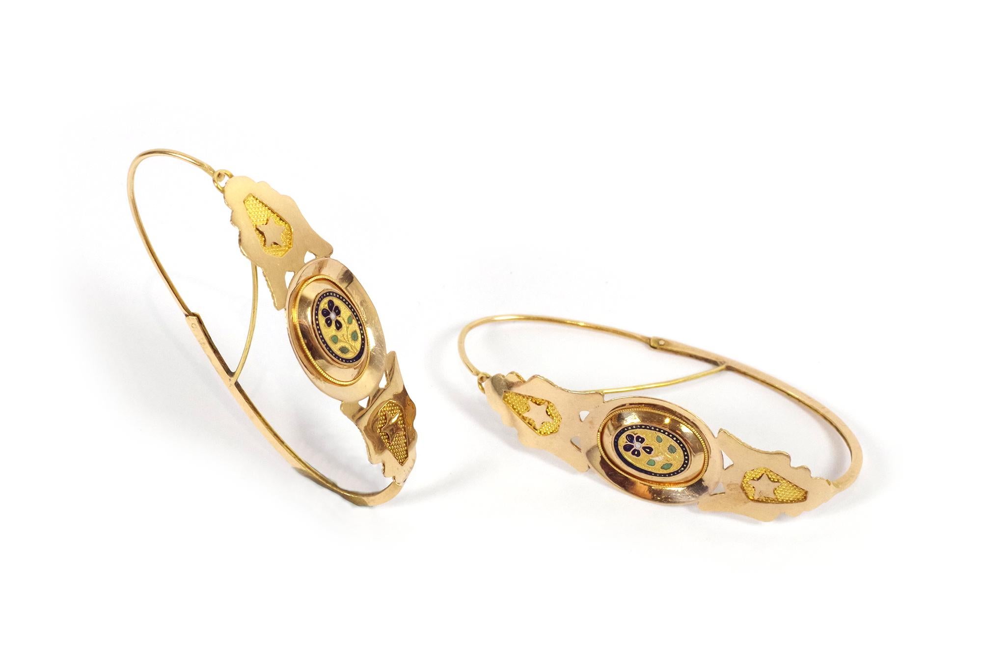 Antique large earrings in 18k gold, enamelled poissardes earrings, France For Sale 3