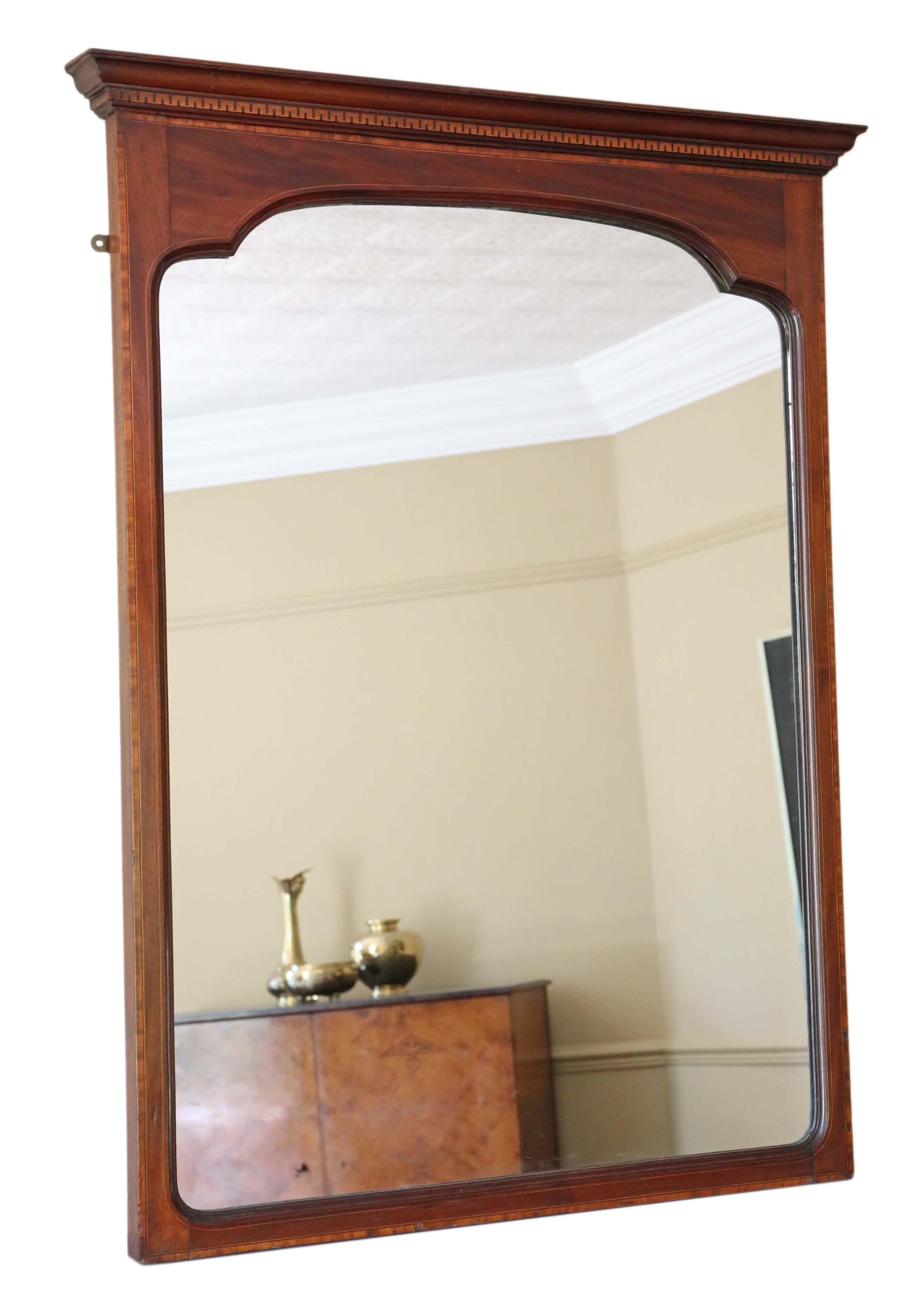 Antique large quality Edwardian inlaid mahogany wall mirror, circa 1905.
Would look amazing in the right location. No woodworm or loose joints.
The original glass is in very good condition with very light oxidation and other minor age related