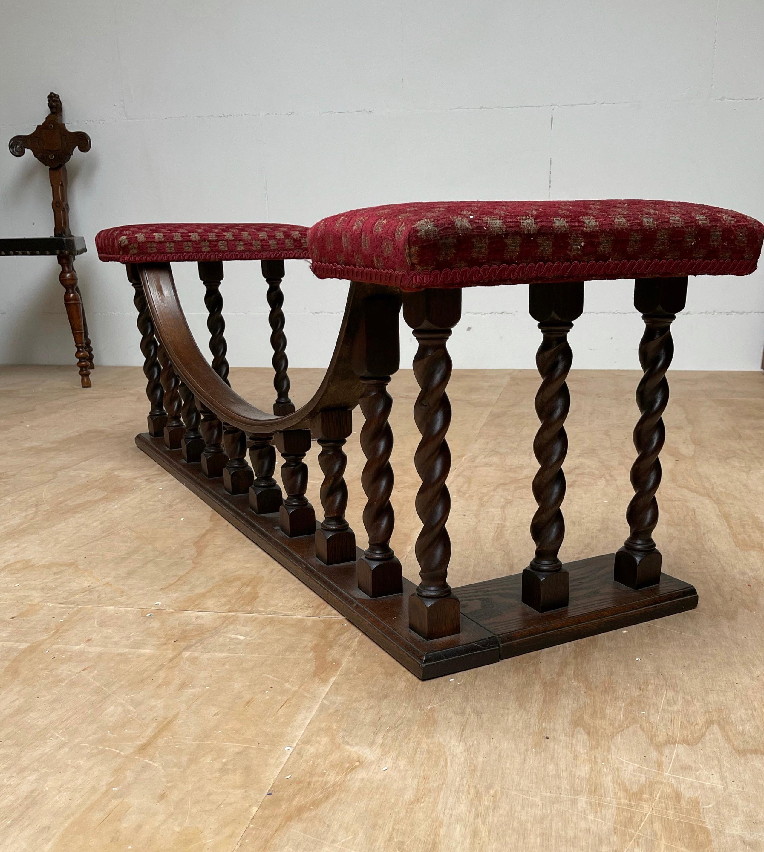 Antique & Large English Barley Twist Oak & Fabric Fireplace Fender Seat, 1880s 1