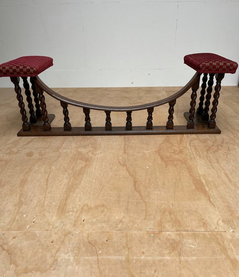 Antique and Large English Barley Twist Oak and Fabric Fireplace Fender