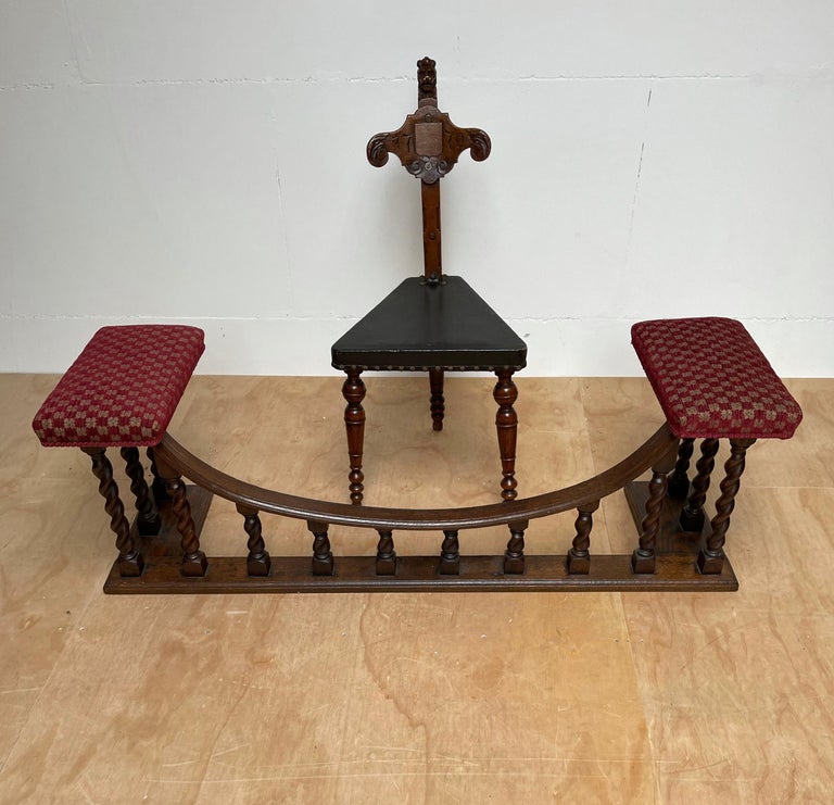 Antique and Large English Barley Twist Oak and Fabric Fireplace Fender