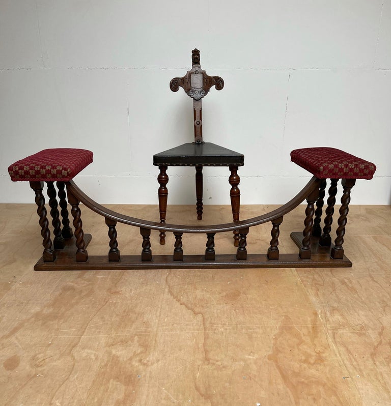 Antique and Large English Barley Twist Oak and Fabric Fireplace Fender