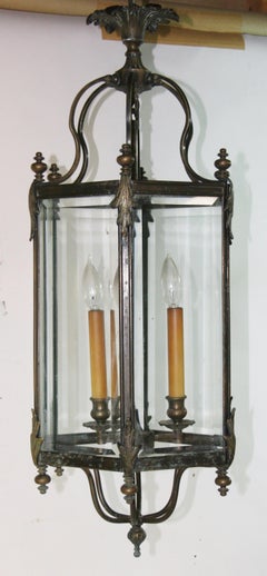 Large English Bronze Lantern, Beveled Glass, Three Light, 1920s Design