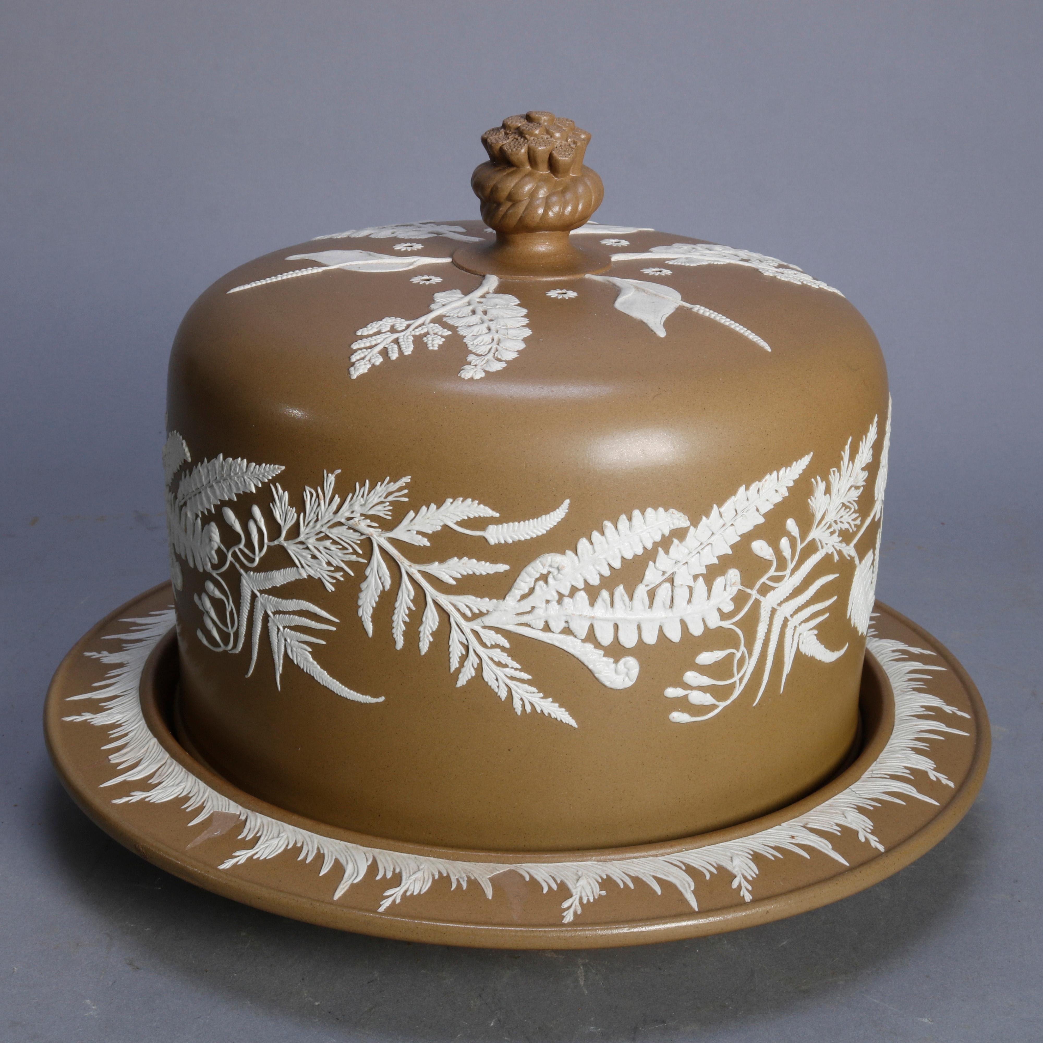 Glazed Antique Large English Brown Jasperware Fern Decorated Cheese Dome and Plate