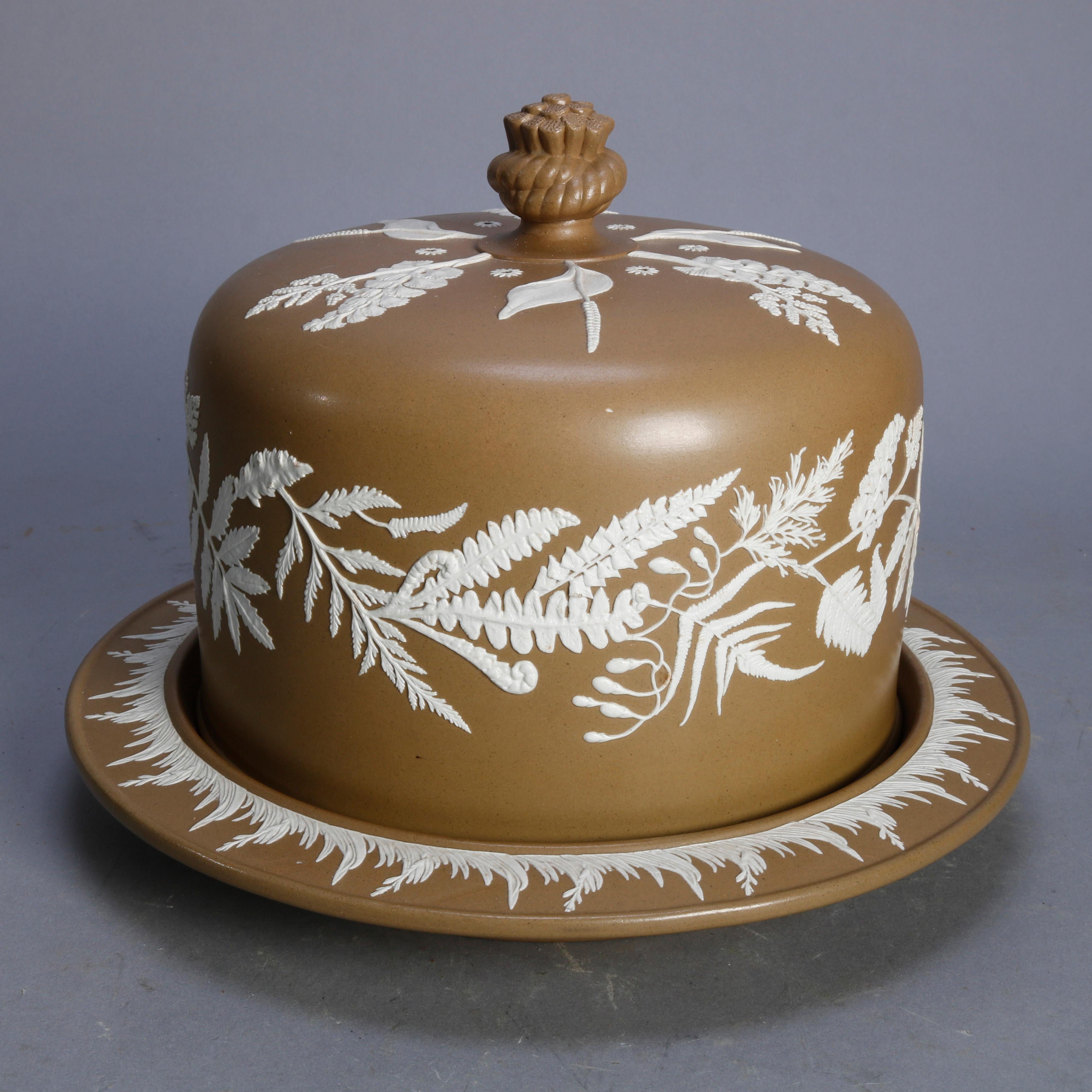 Earthenware Antique Large English Brown Jasperware Fern Decorated Cheese Dome and Plate