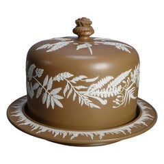 Used Large English Brown Jasperware Fern Decorated Cheese Dome and Plate