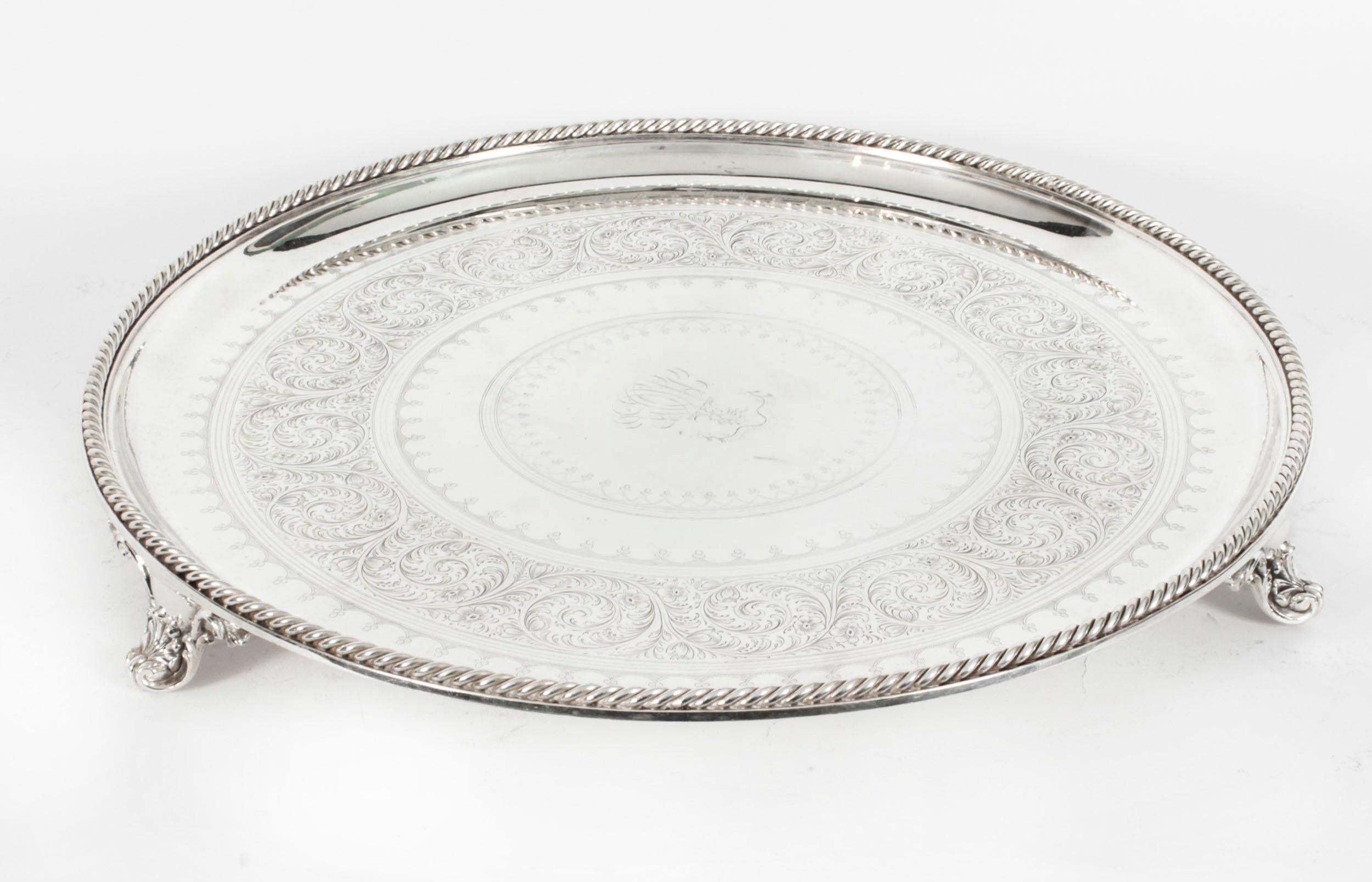 Antique Large English Victorian Silver Plated Salver 19th Century For Sale 10