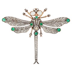 Antique Large European en tremblant Gold Diamond Emeralds Opal Dragonfly Brooch