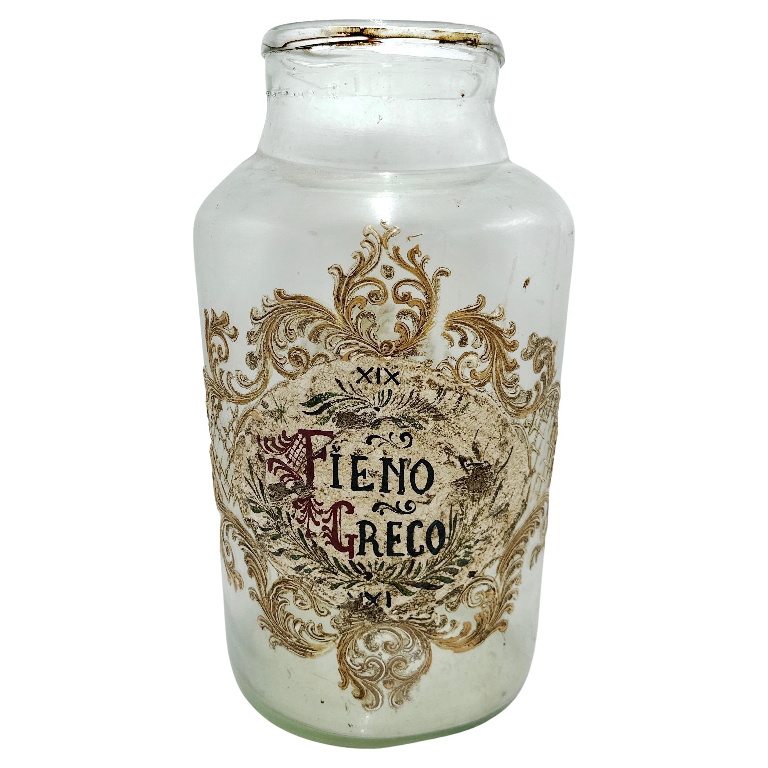 Antiguo tarro boticario grande de farmacia italiano de cristal de Murano "Fieno Greco