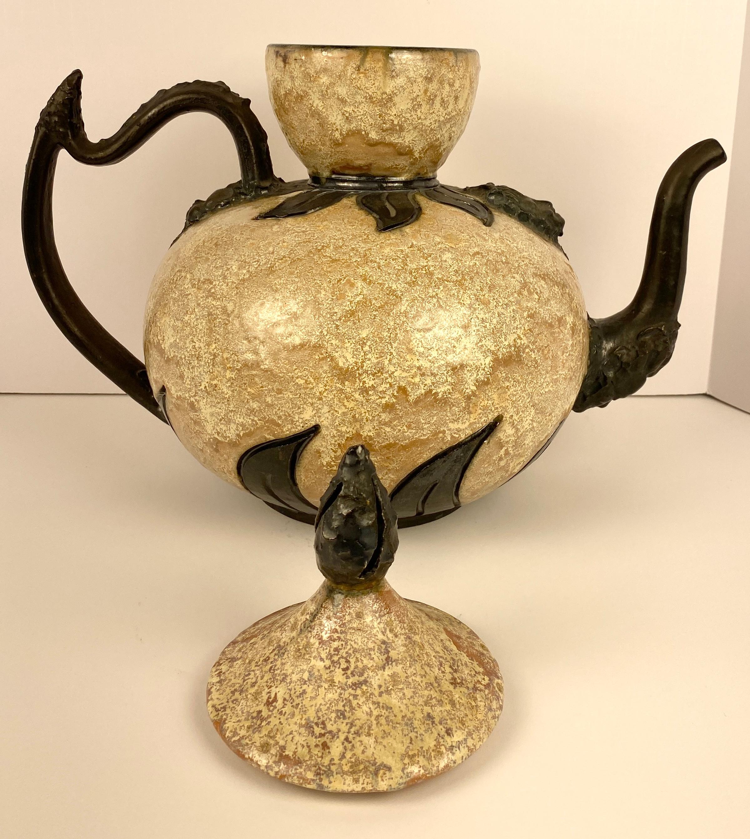 Antique Large Figural Art Pottery Vessel by S. Hublet, Beige Art Deco Style Vase For Sale 6