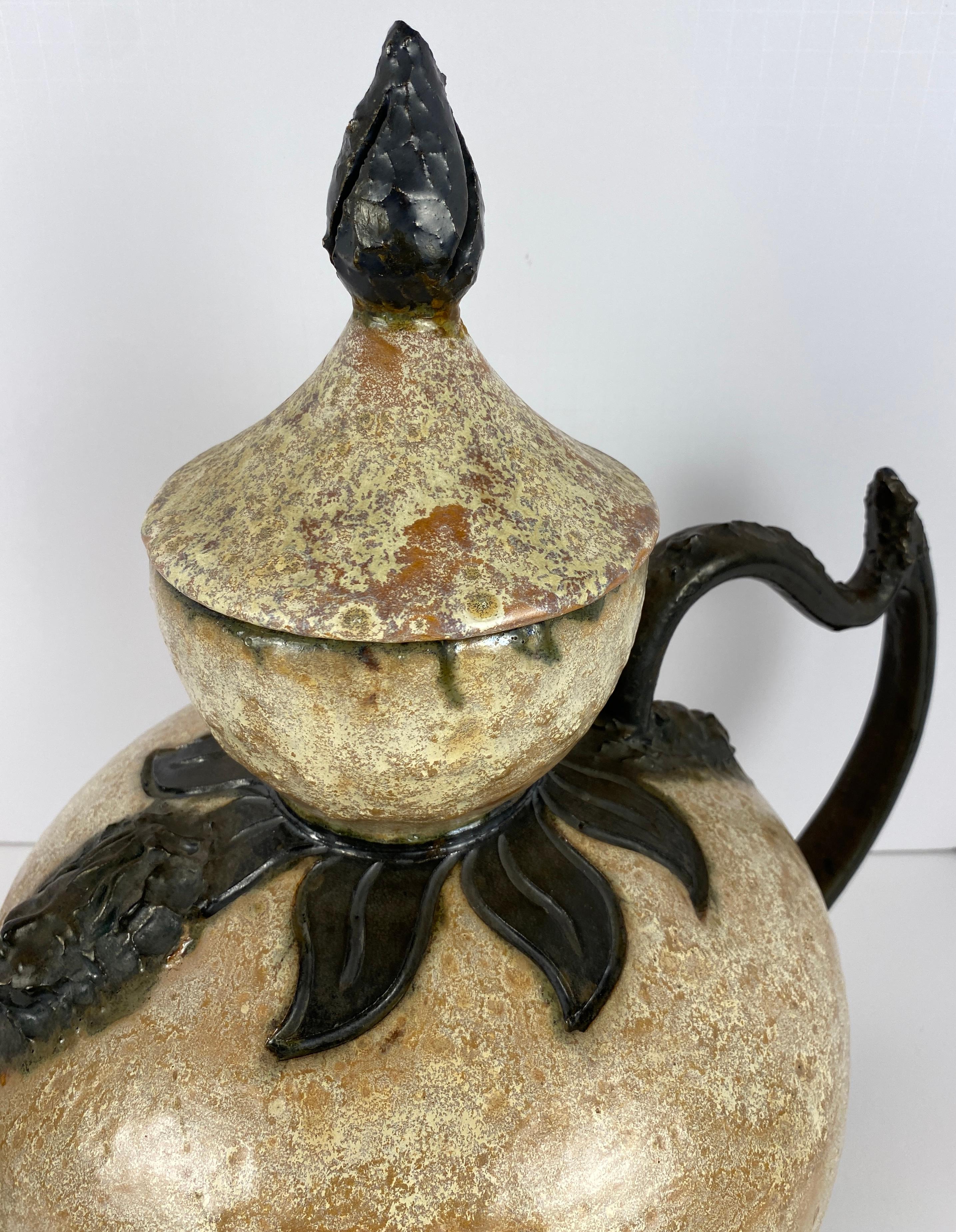 Belgian Antique Large Figural Art Pottery Vessel by S. Hublet, Beige Art Deco Style Vase For Sale