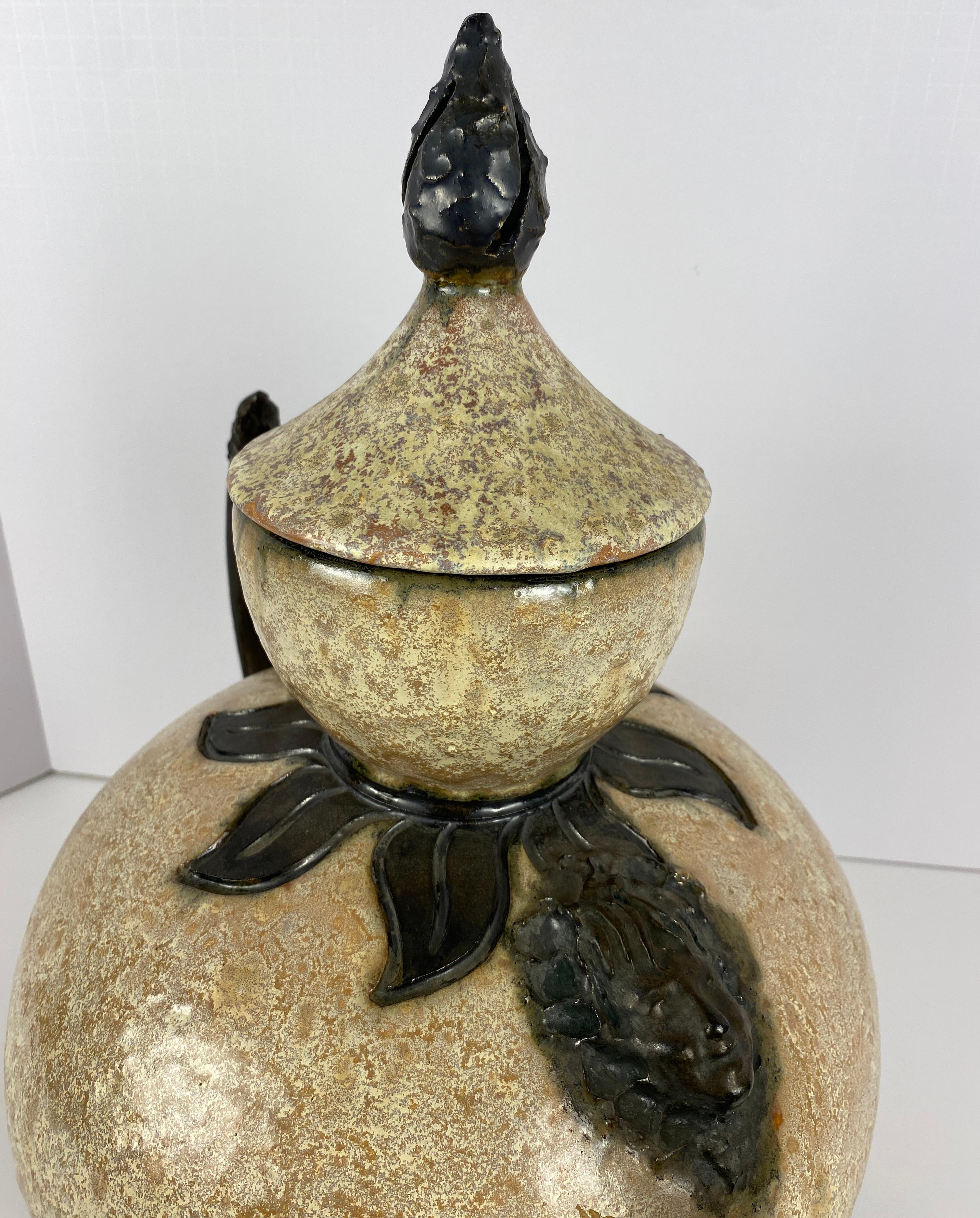 20th Century Antique Large Figural Art Pottery Vessel by S. Hublet, Beige Art Deco Style Vase For Sale