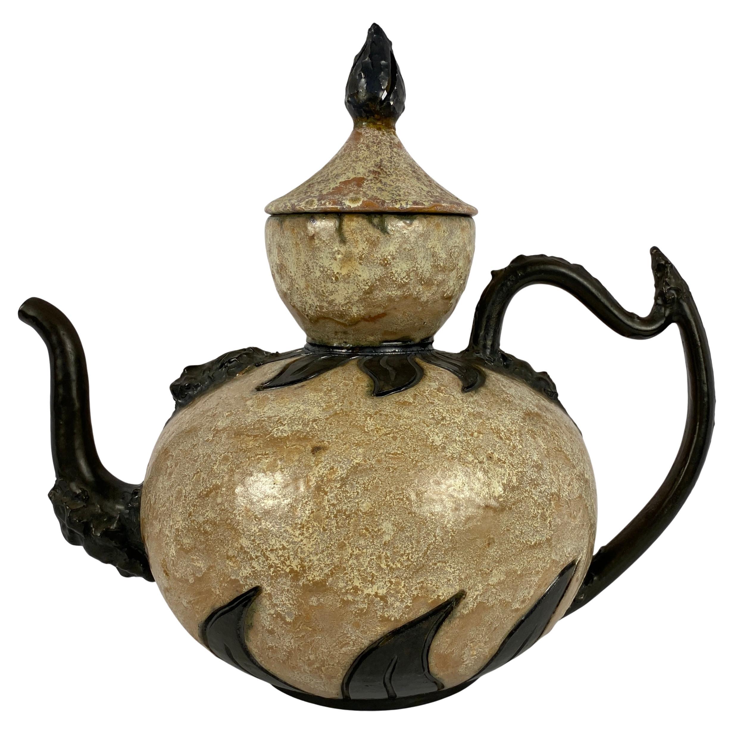 Antique Large Figural Art Pottery Vessel by S. Hublet, Beige Art Deco Style Vase For Sale