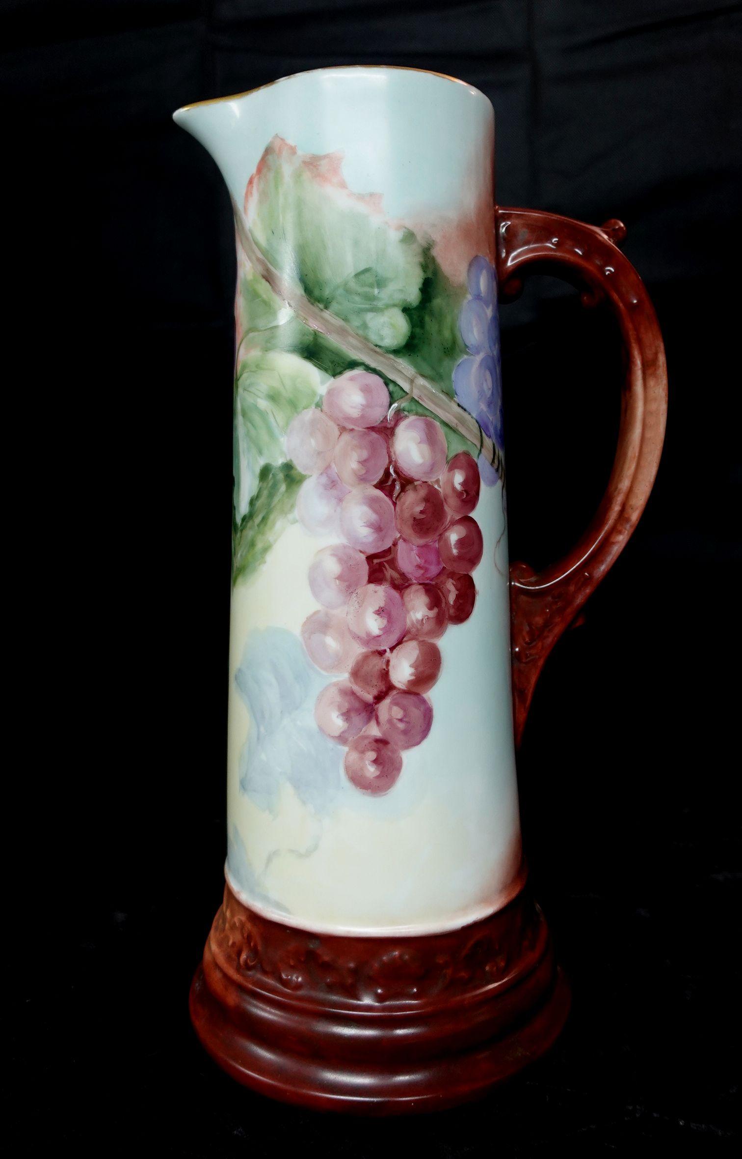 Hand-Crafted Antique Large Figural French Grape & Leaf Limoges Tankard For Sale