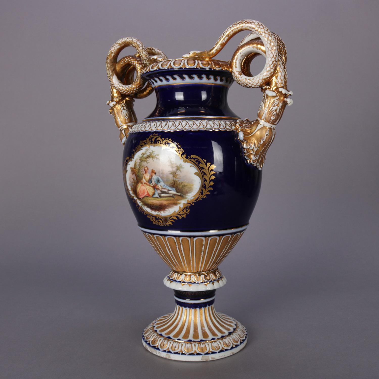 Gilt Antique Large Figural French Sèvres Porcelain Urn with Serpent Handles