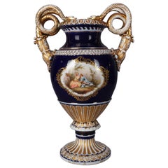 Antique Large Figural French Sèvres Porcelain Urn with Serpent Handles