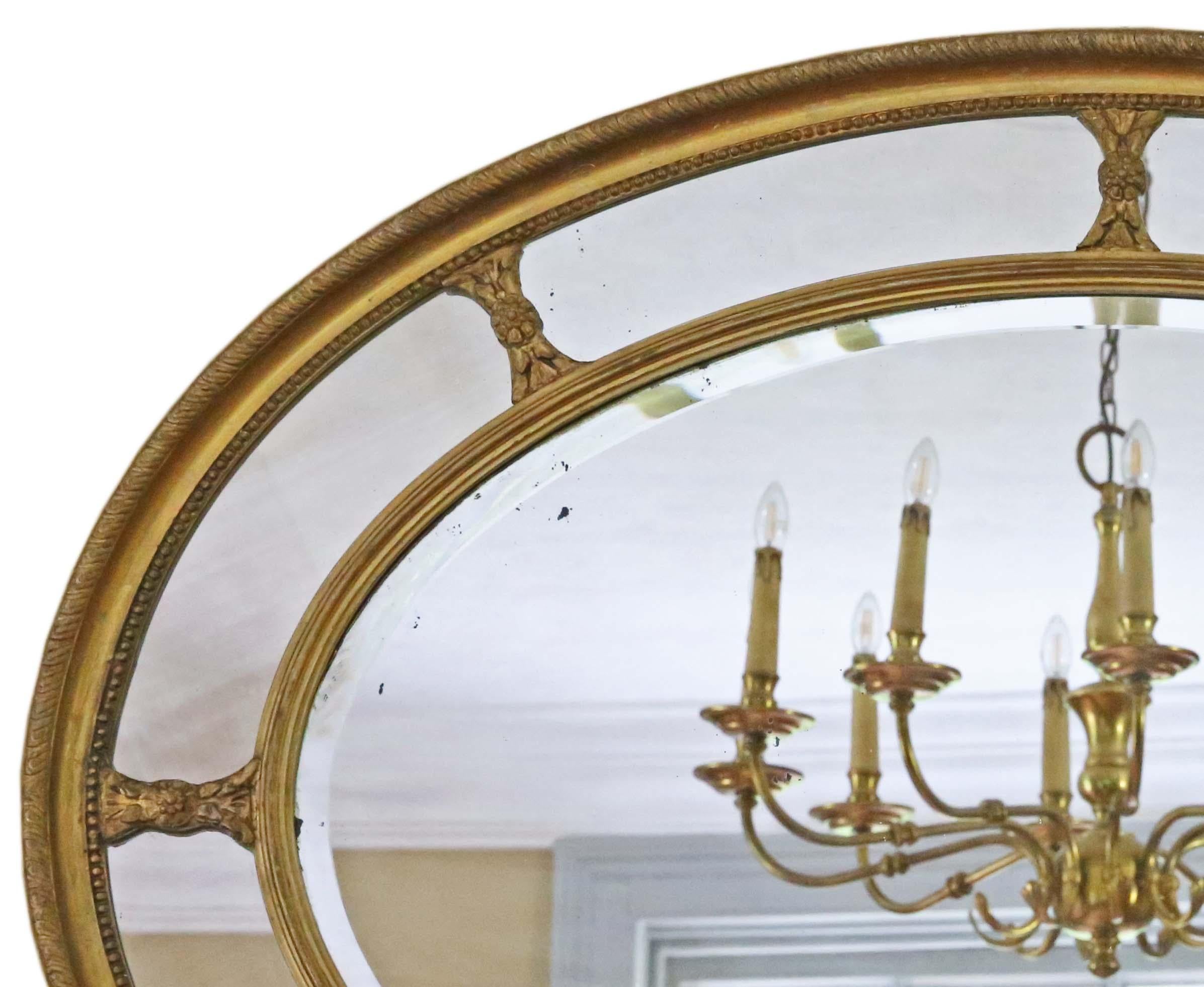 Antique large fine quality oval gilt overmantle cushion wall mirror 19th Century In Good Condition For Sale In Wisbech, Cambridgeshire