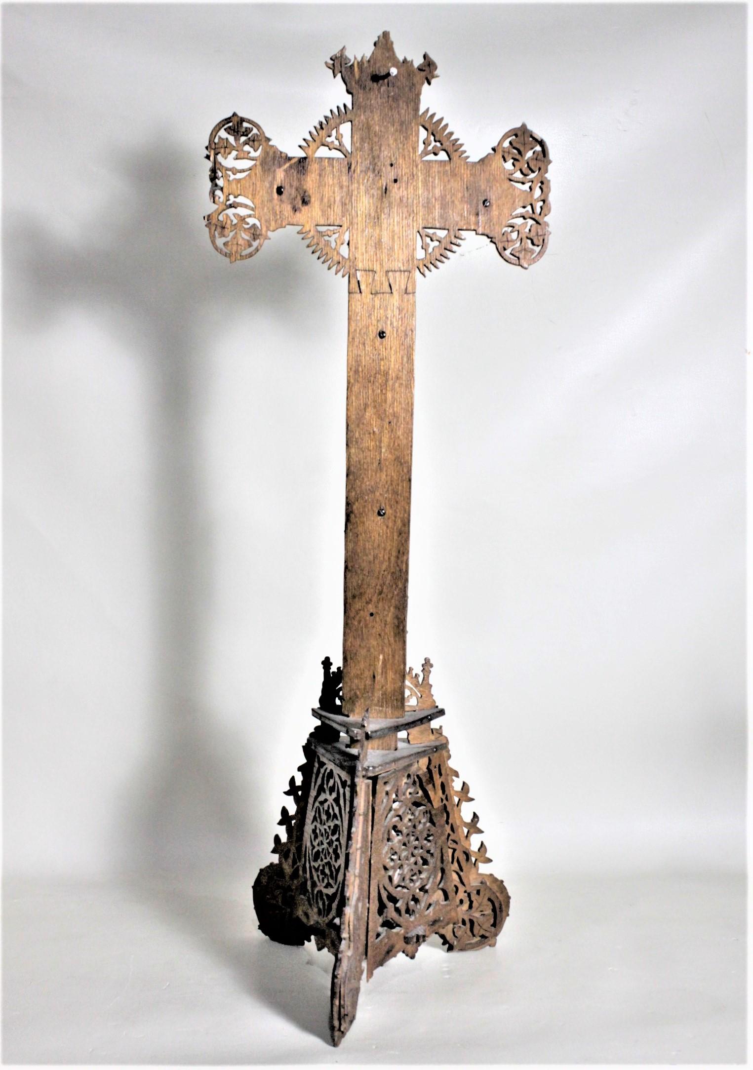 Austrian Antique Large Folk Art Handcrafted Wooden Fretwork Crucifix or Cross and Stand For Sale