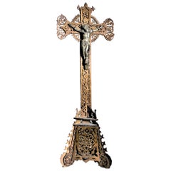 Antique Large Folk Art Handcrafted Wooden Fretwork Crucifix or Cross and Stand