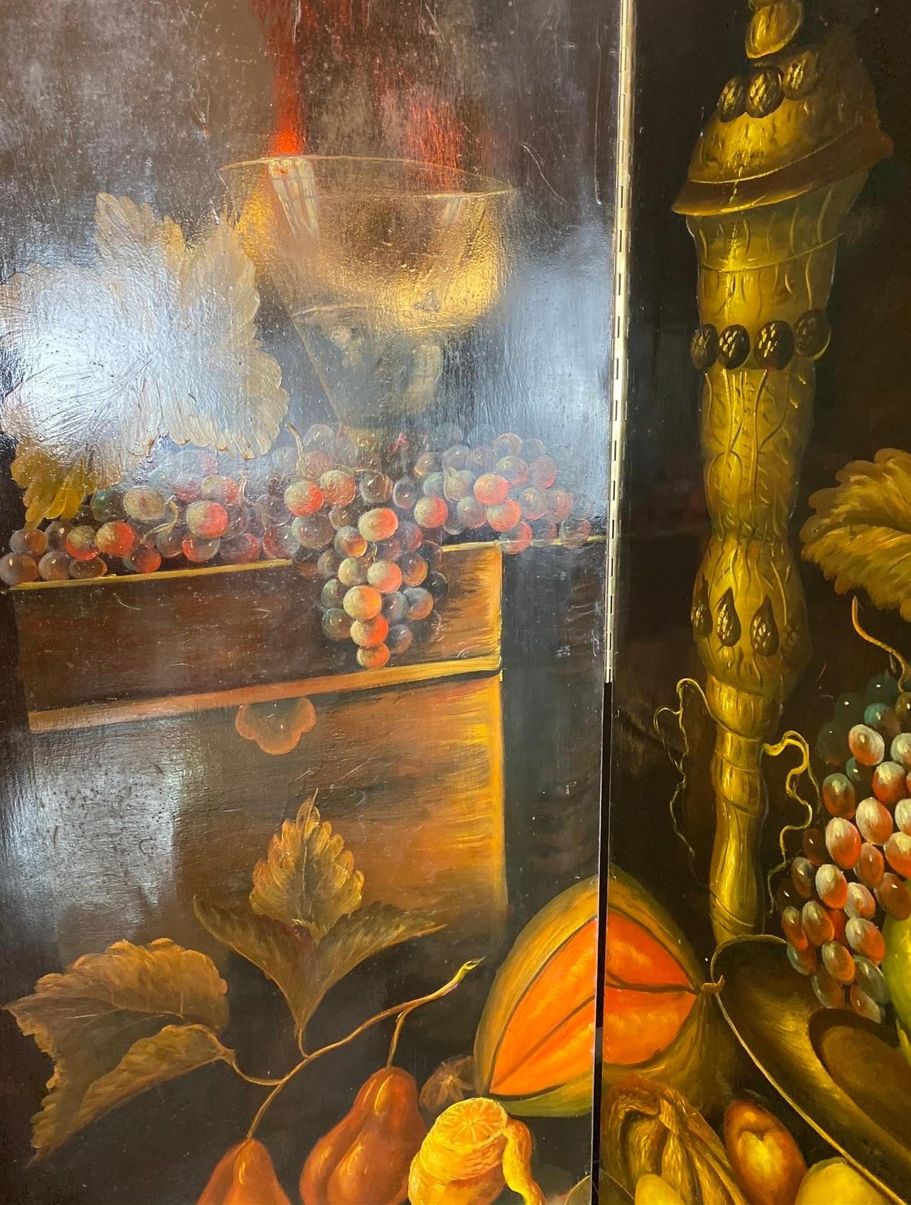 Une imposante peinture à l'huile italienne de nature morte, diviseur de pièce à quatre plis. 