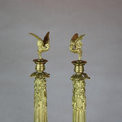Antique & Large French 3rd Empire Bronze Figural Candlesticks with Birds, c1870