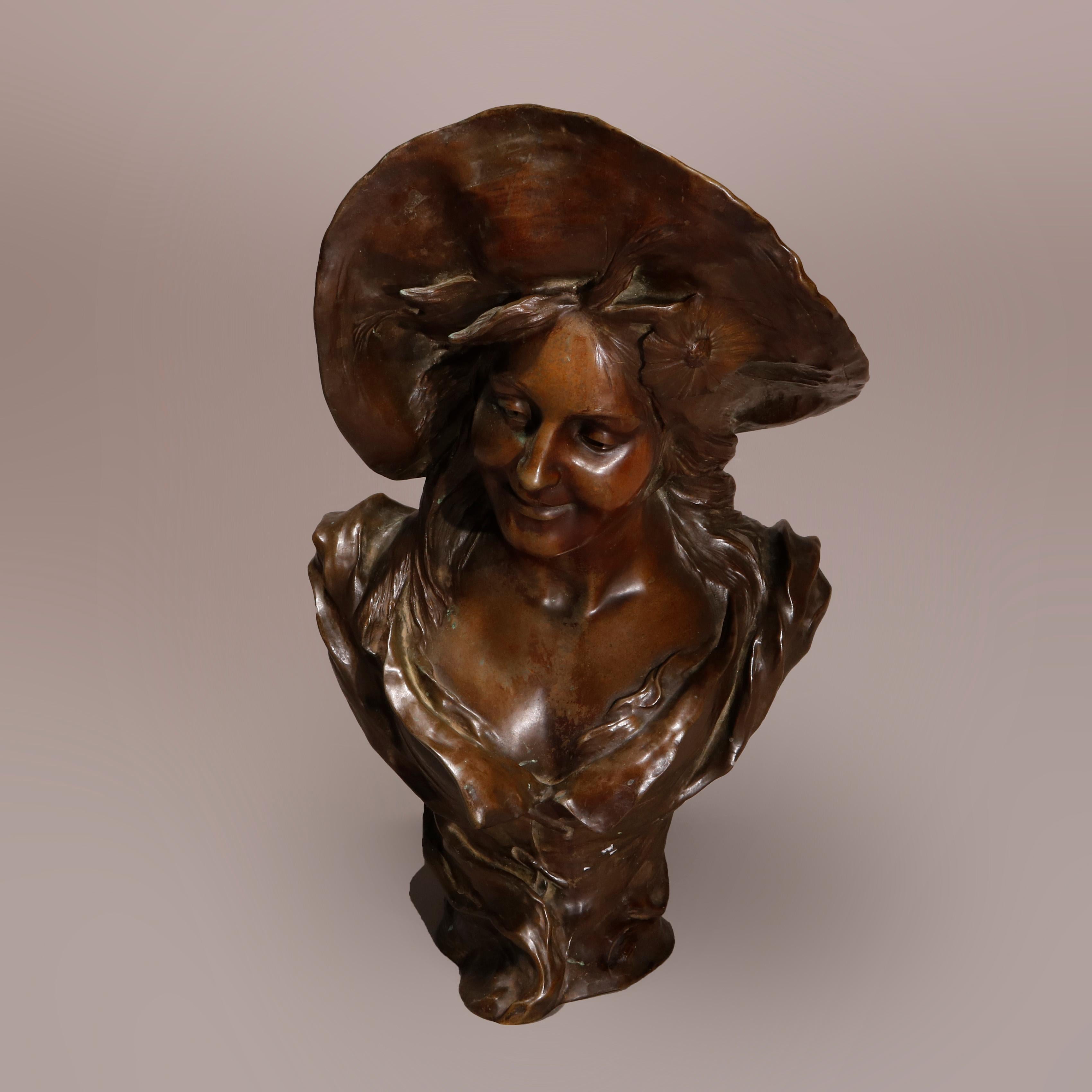 Antique Large French Art Nouveau Sculpture of a Woman in Hat, Signed, Circa 1890 5