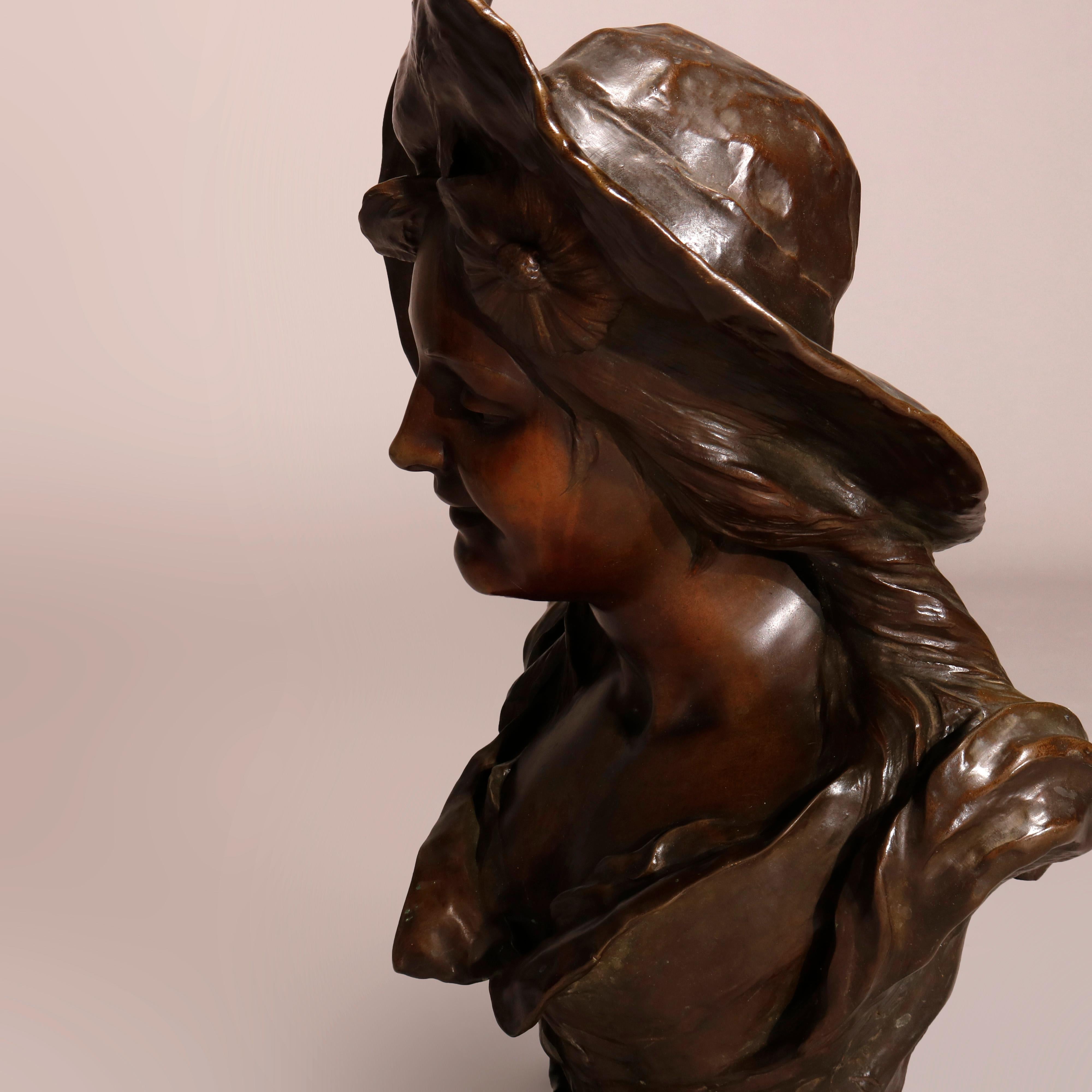 20th Century Antique Large French Art Nouveau Sculpture of a Woman in Hat, Signed, Circa 1890