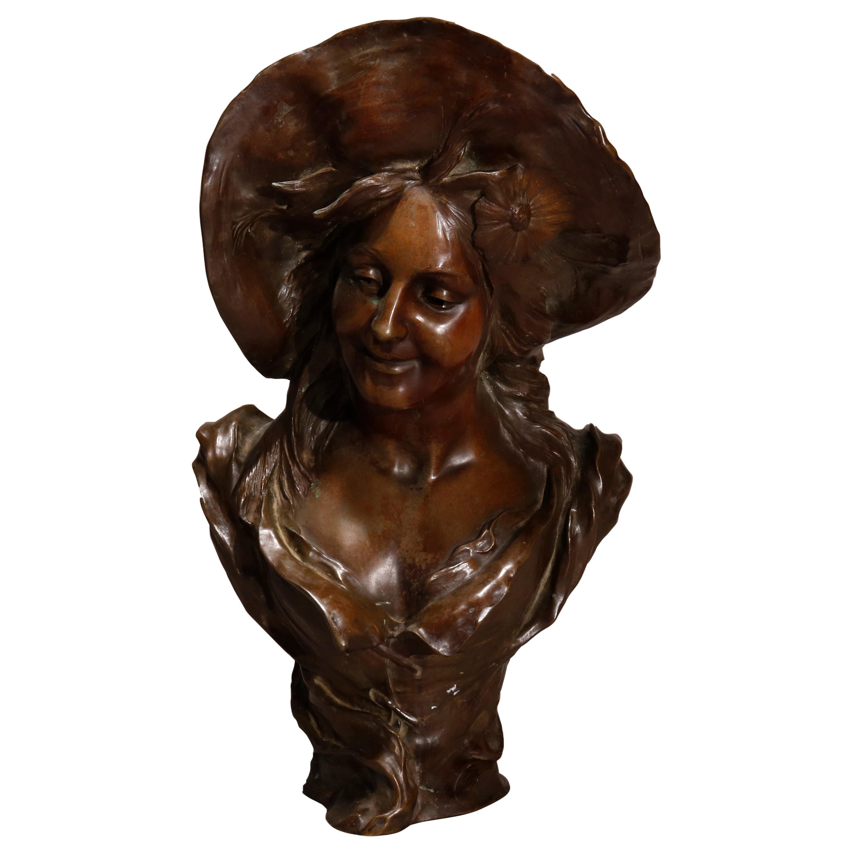 Antique Large French Art Nouveau Sculpture of a Woman in Hat, Signed, Circa 1890