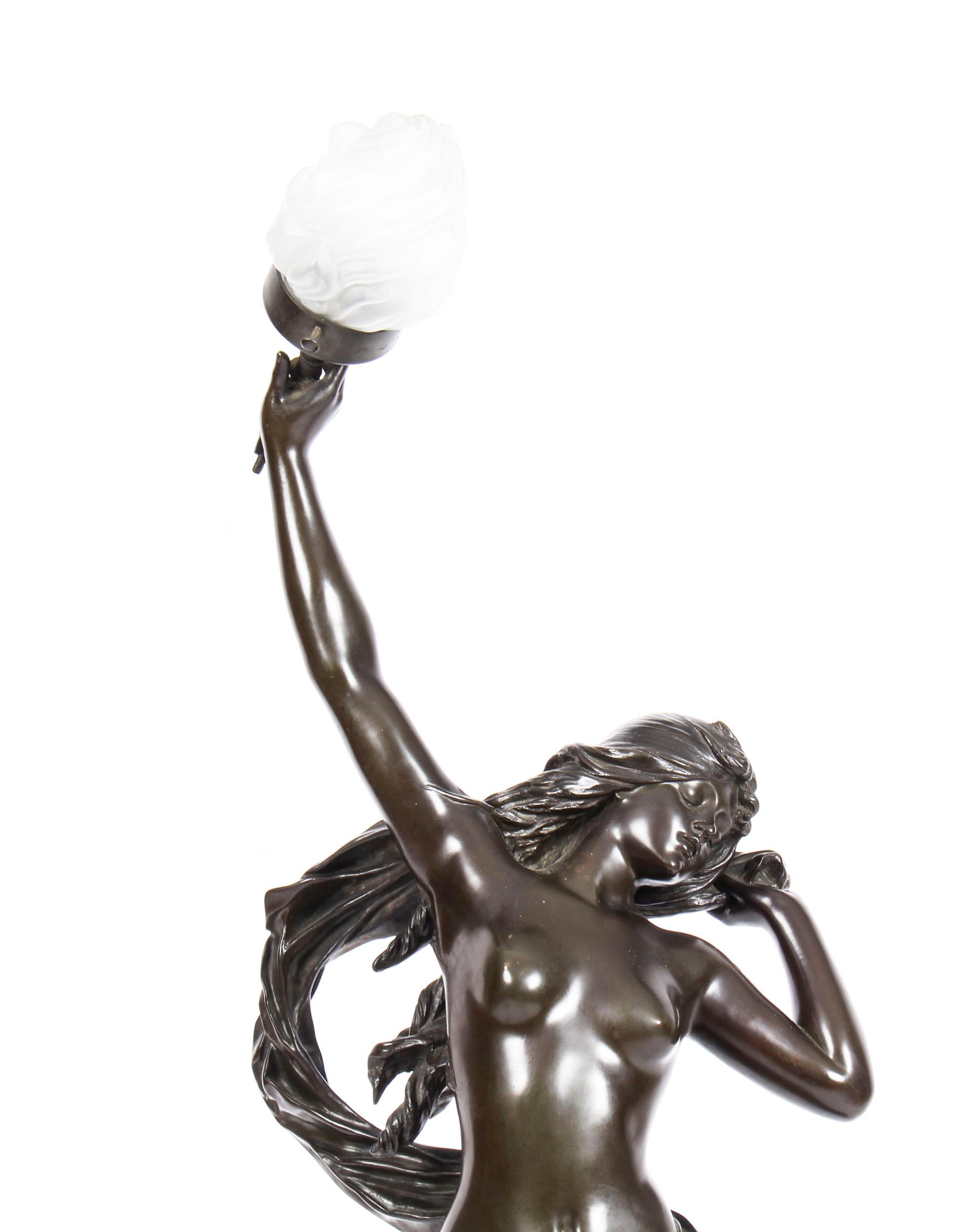 French Bronze Lamp of Female Nude Sunset by Edouard Drouot, 19th Century 1