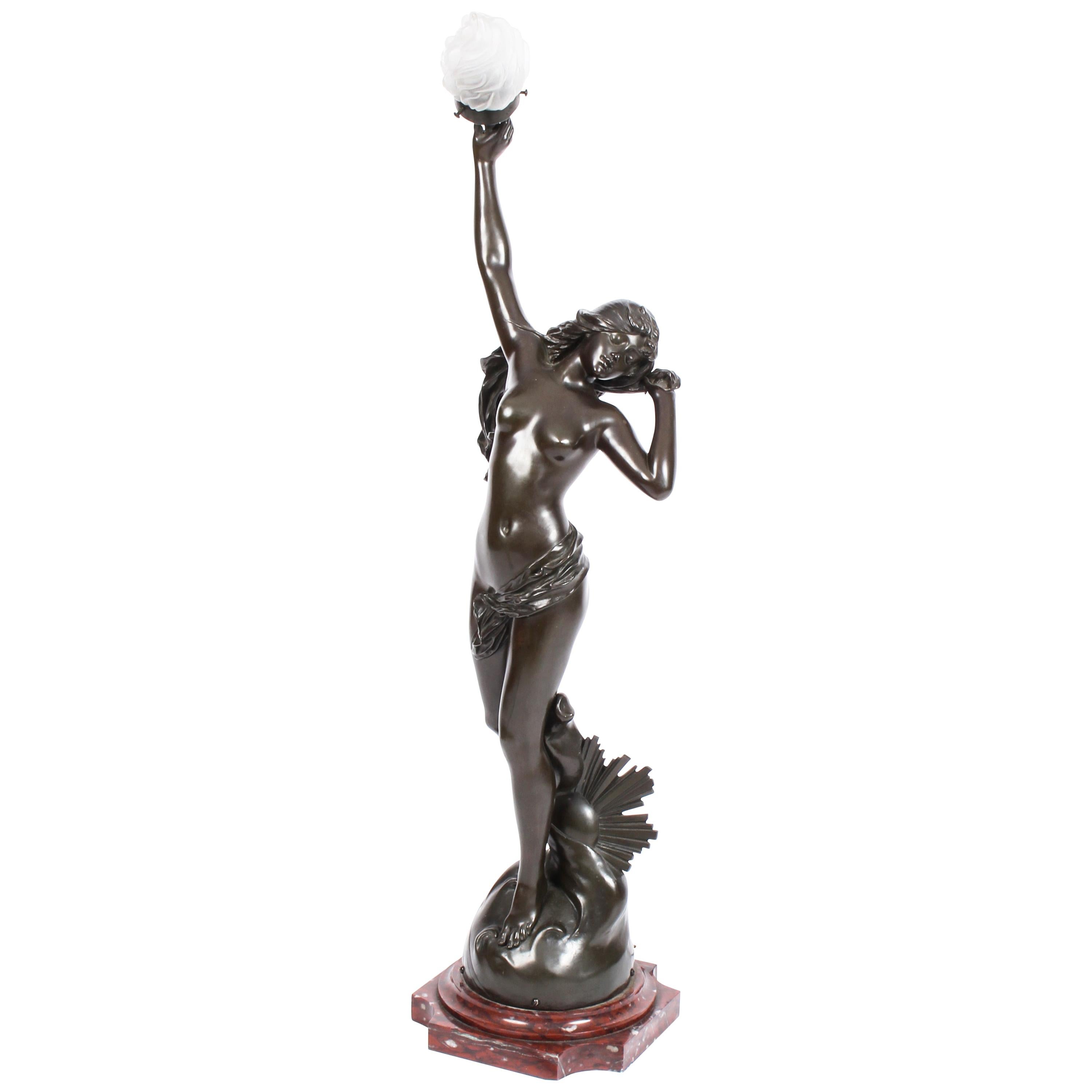 French Bronze Lamp of Female Nude Sunset by Edouard Drouot, 19th Century