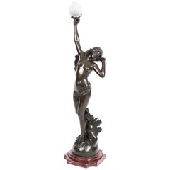 Antique French Bronze Lamp of Female Nude Sunset by Edouard Drouot, 19th Century