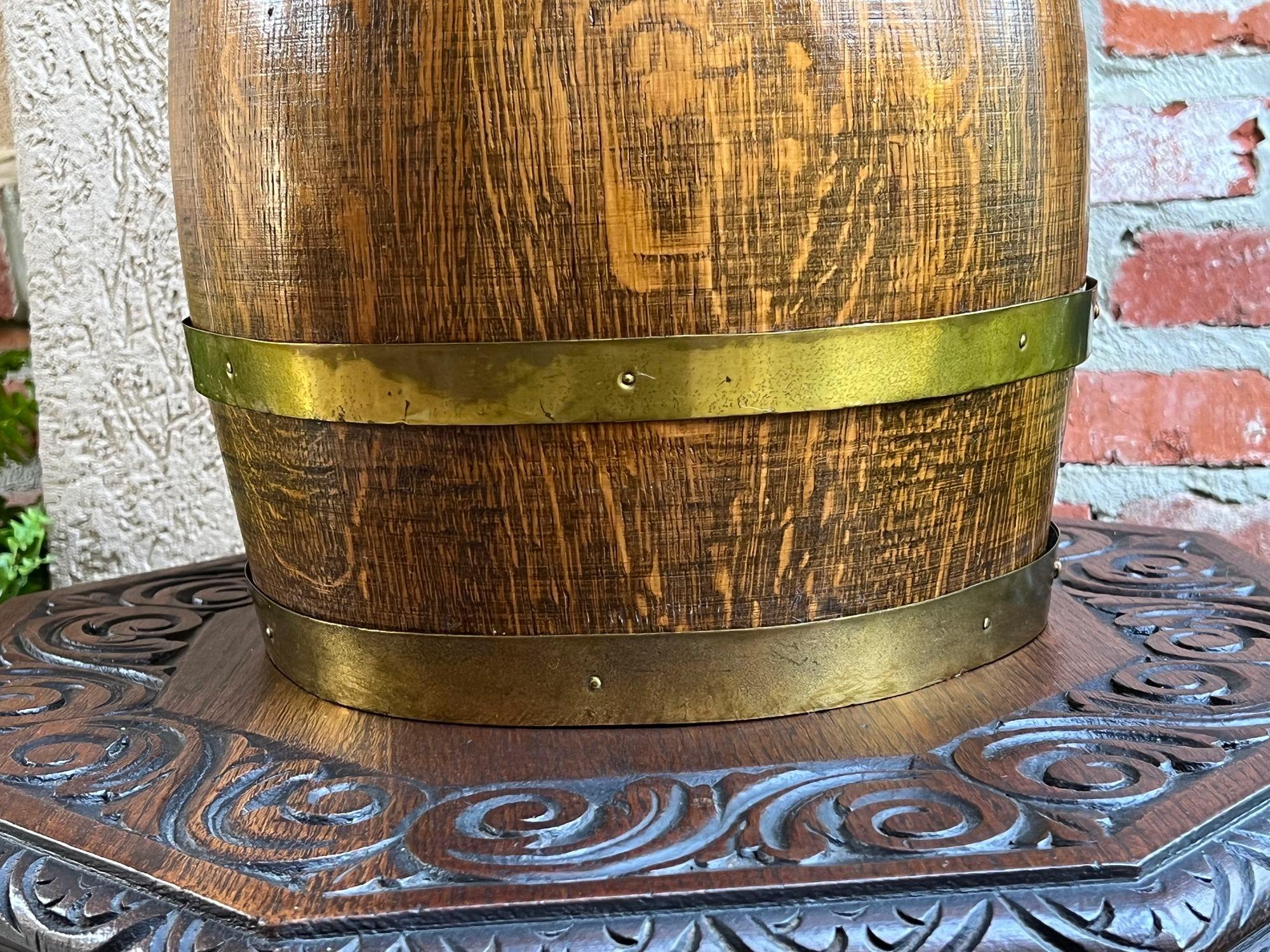 Antique Large French Country Oak Pitcher Brass Band Wine Barrel Umbrella Stand For Sale 7