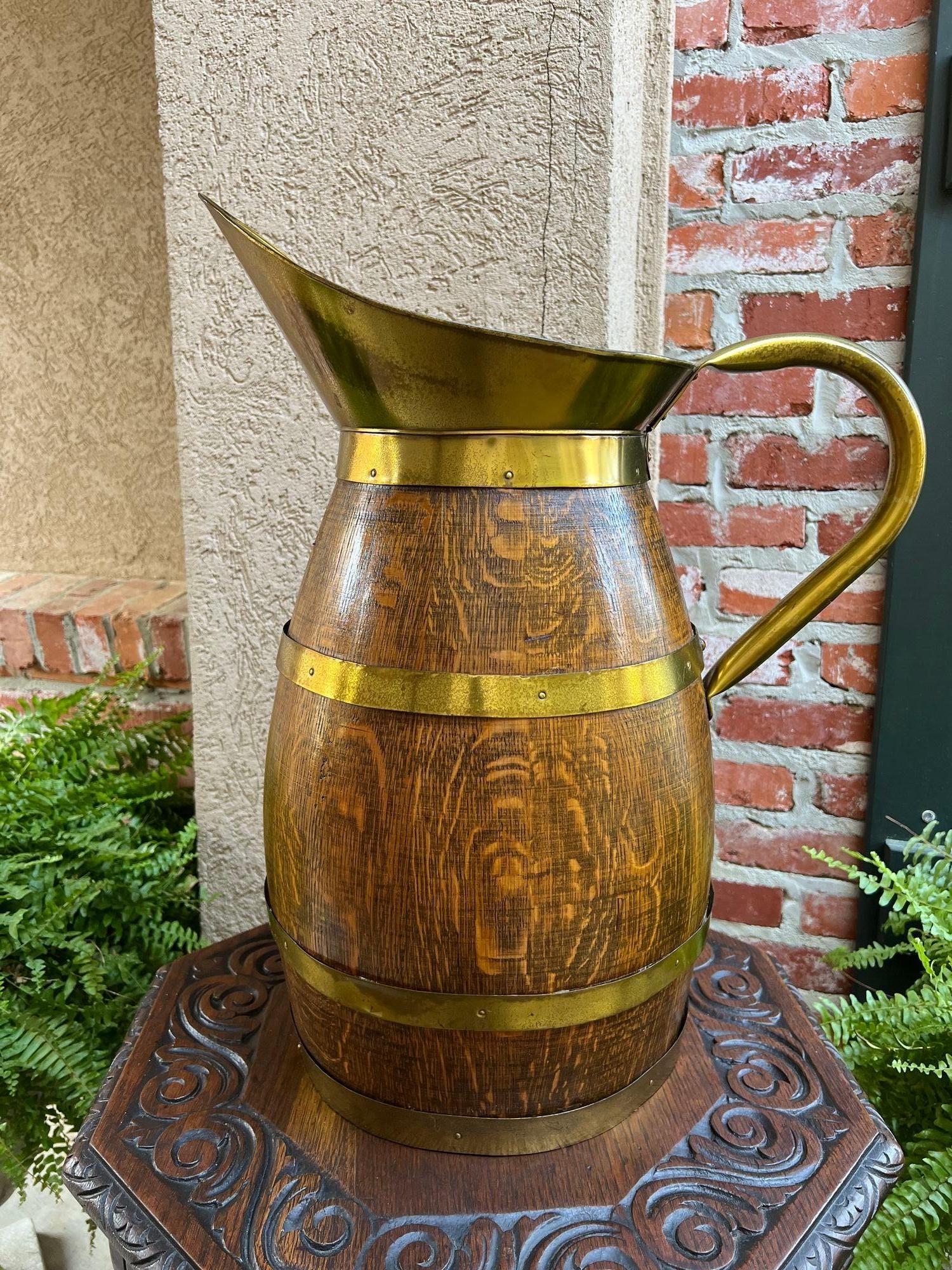 Antique Large French Country Oak Pitcher Brass Band Wine Barrel Umbrella Stand For Sale 10