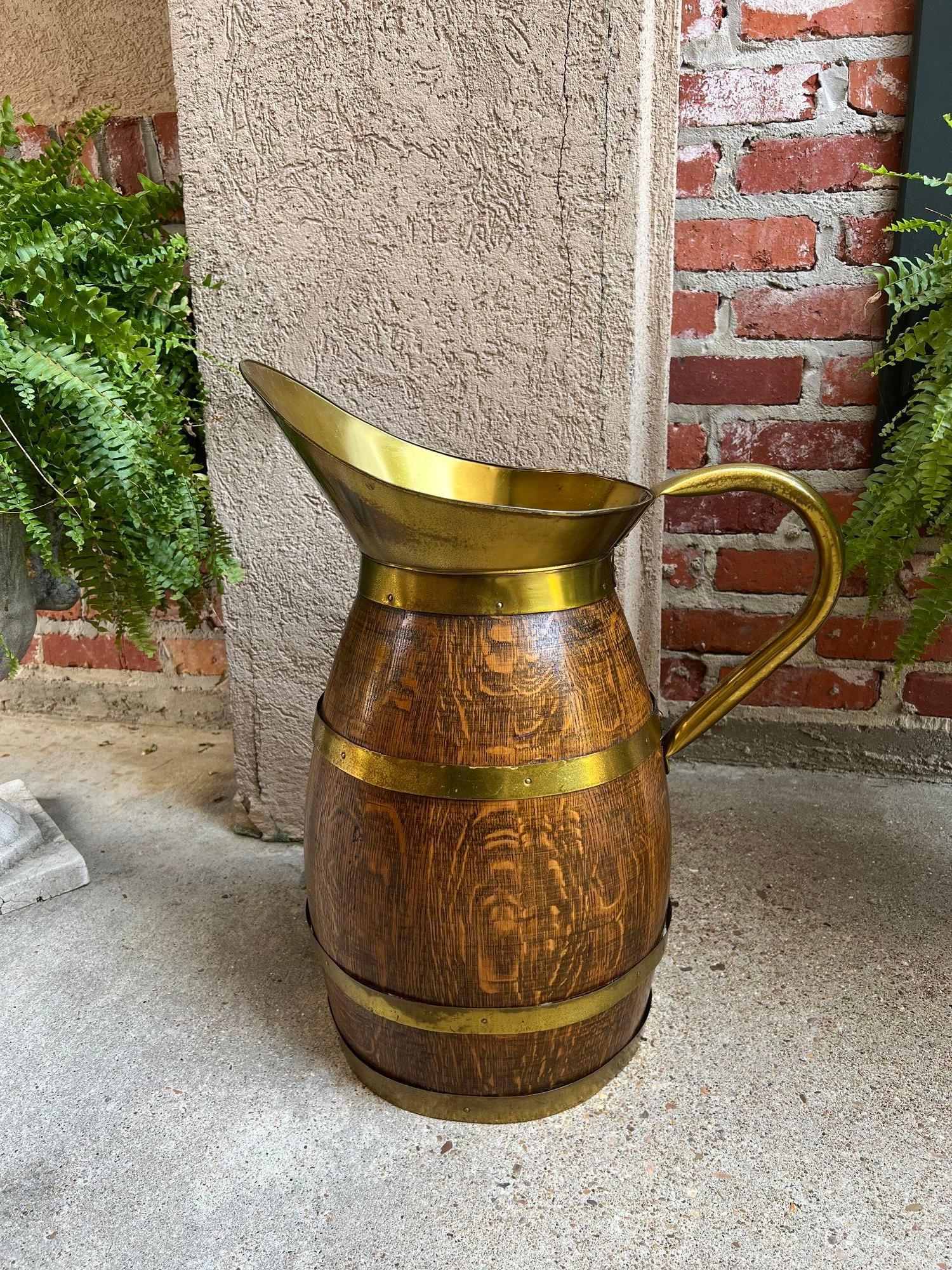 Antique Large French Country Oak Pitcher Brass Band Wine Barrel Umbrella Stand For Sale 12