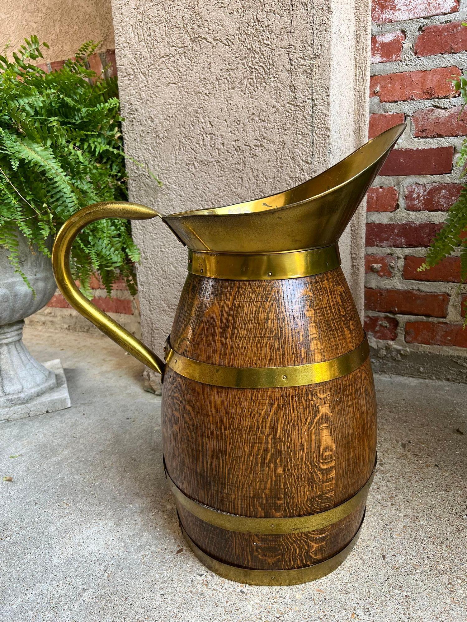French Provincial Antique Large French Country Oak Pitcher Brass Band Wine Barrel Umbrella Stand For Sale