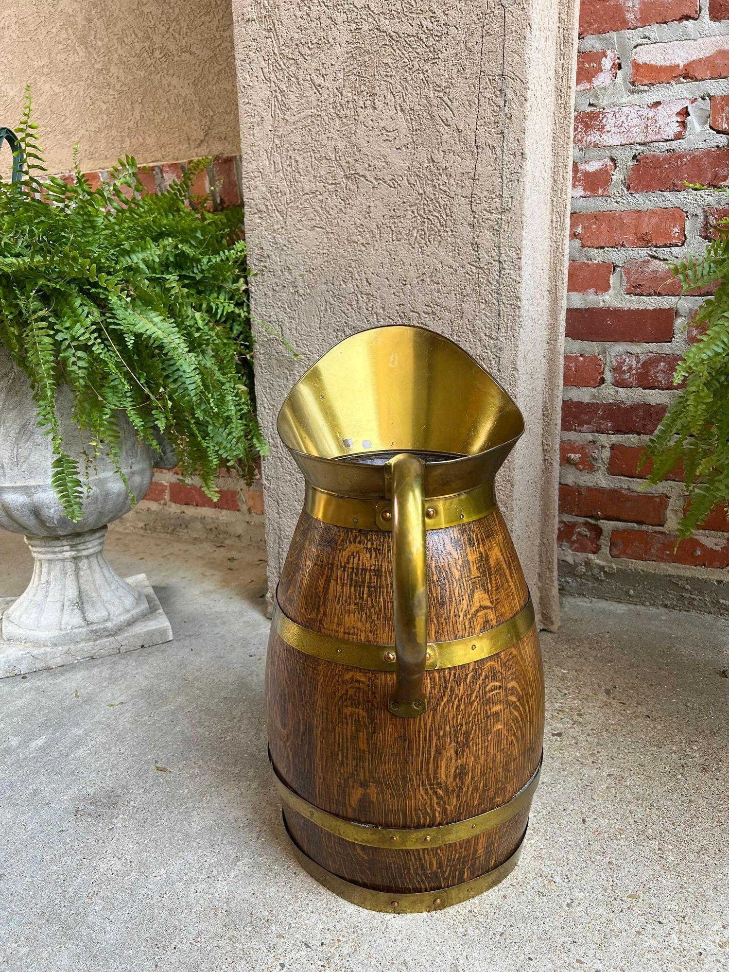 20th Century Antique Large French Country Oak Pitcher Brass Band Wine Barrel Umbrella Stand For Sale