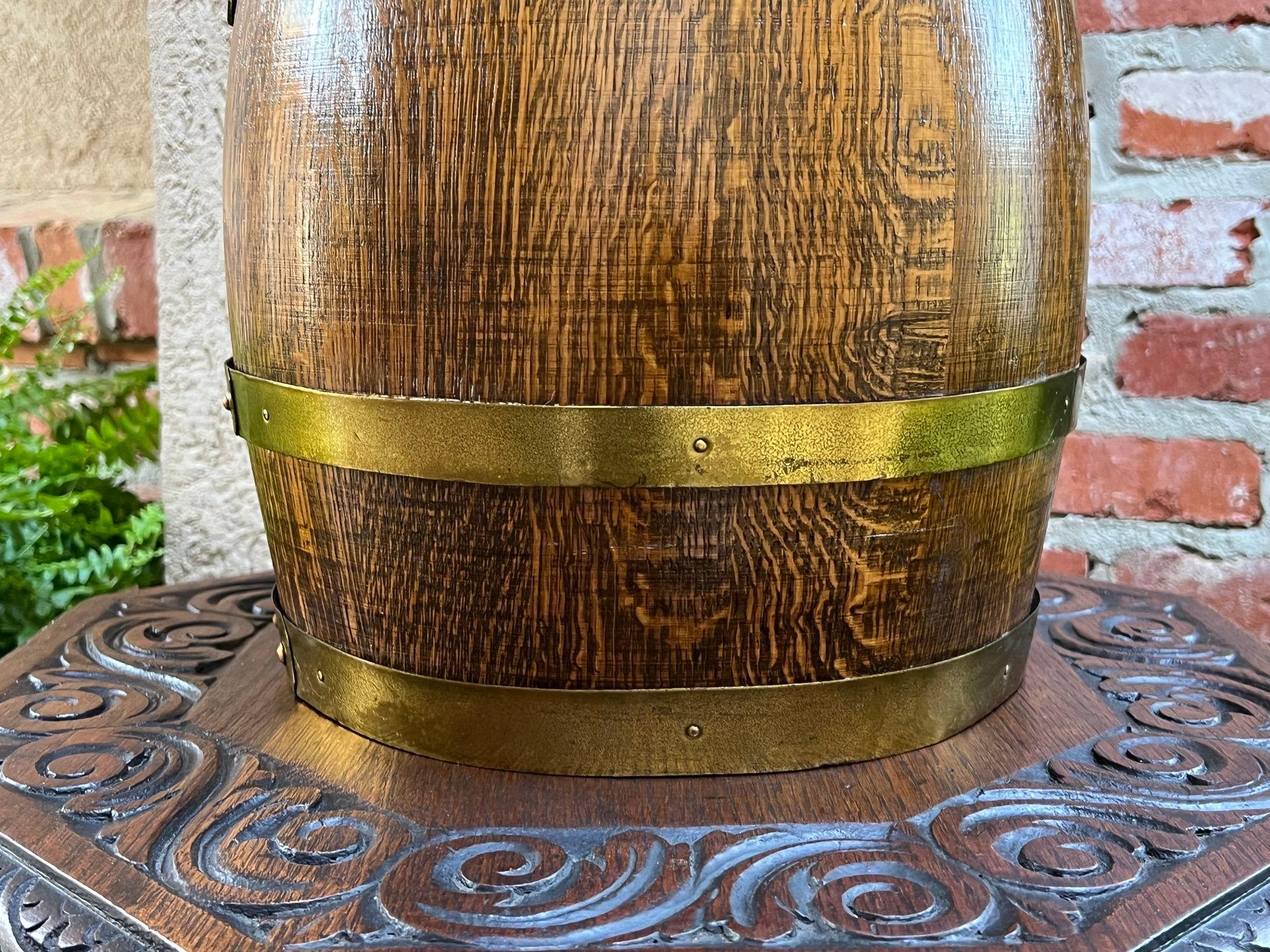 Antique Large French Country Oak Pitcher Brass Band Wine Barrel Umbrella Stand For Sale 3