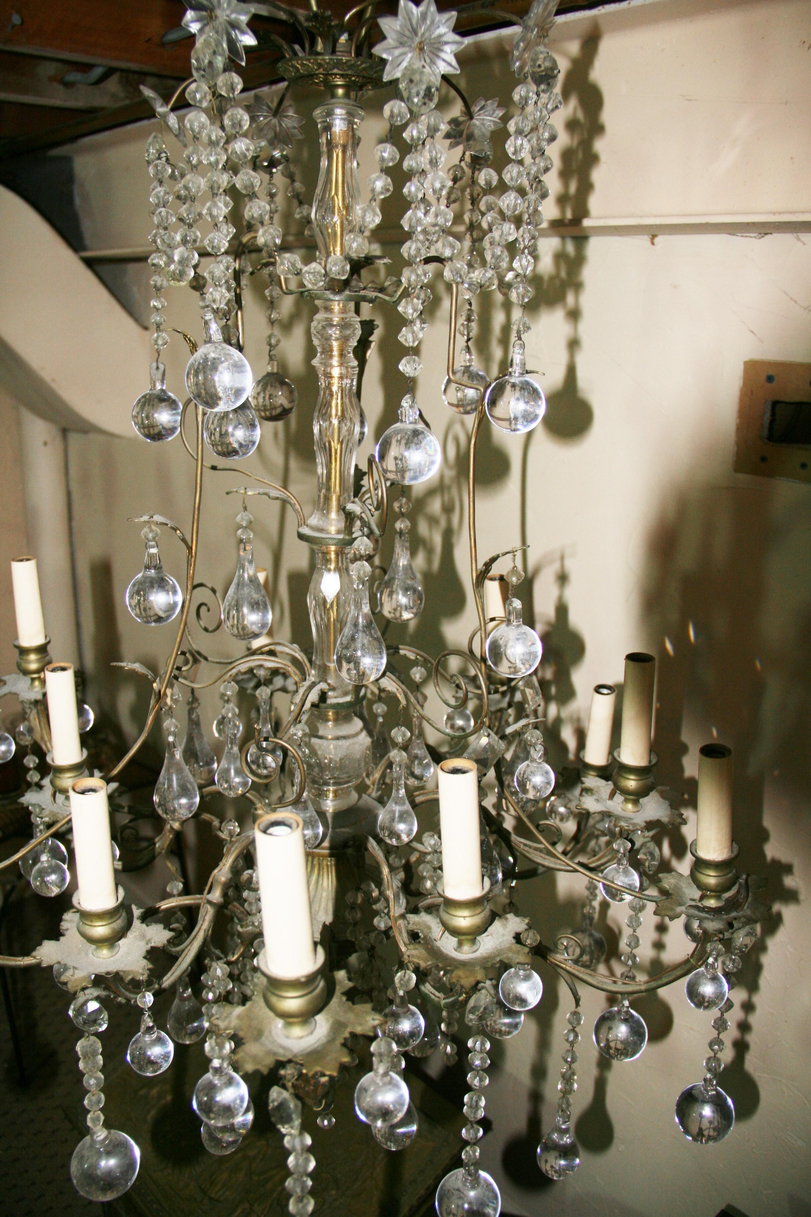 Antique French Crystal and Brass Ten Light, grand luminaire en cristal et laiton  Lustre en vente 7