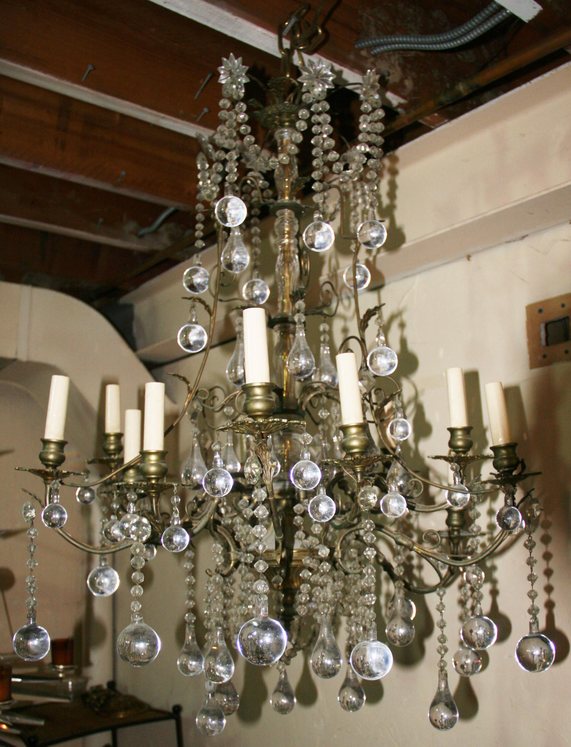 Antique French Crystal and Brass Ten Light, grand luminaire en cristal et laiton  Lustre en vente 3