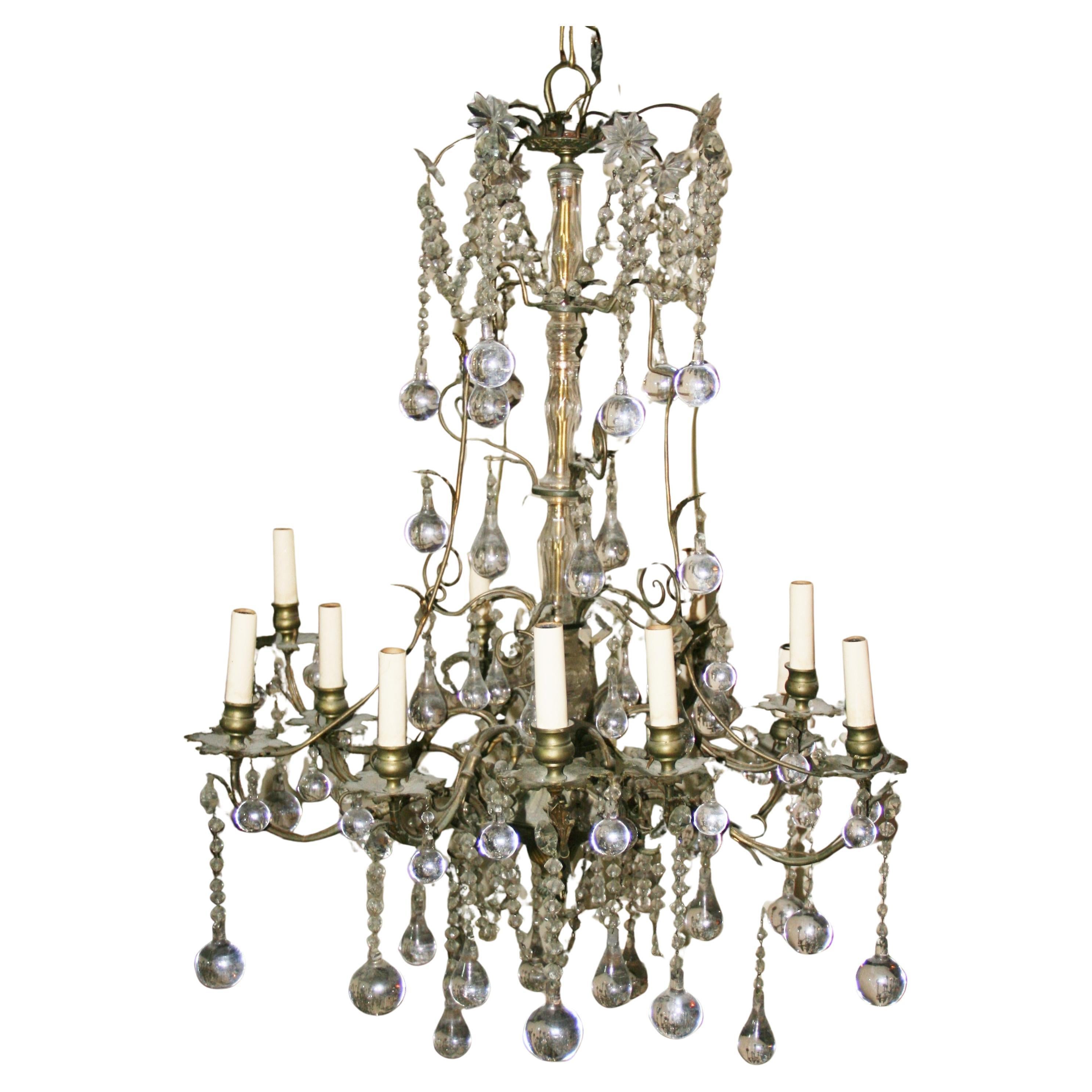 Antique French Crystal and Brass Ten Light, grand luminaire en cristal et laiton  Lustre en vente