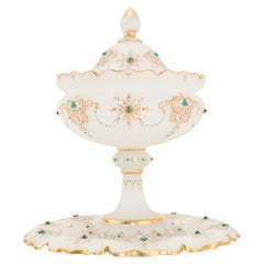 Antique Large French Gilded Opaline Milk Glass Bowl Centerpiece, 19th Century