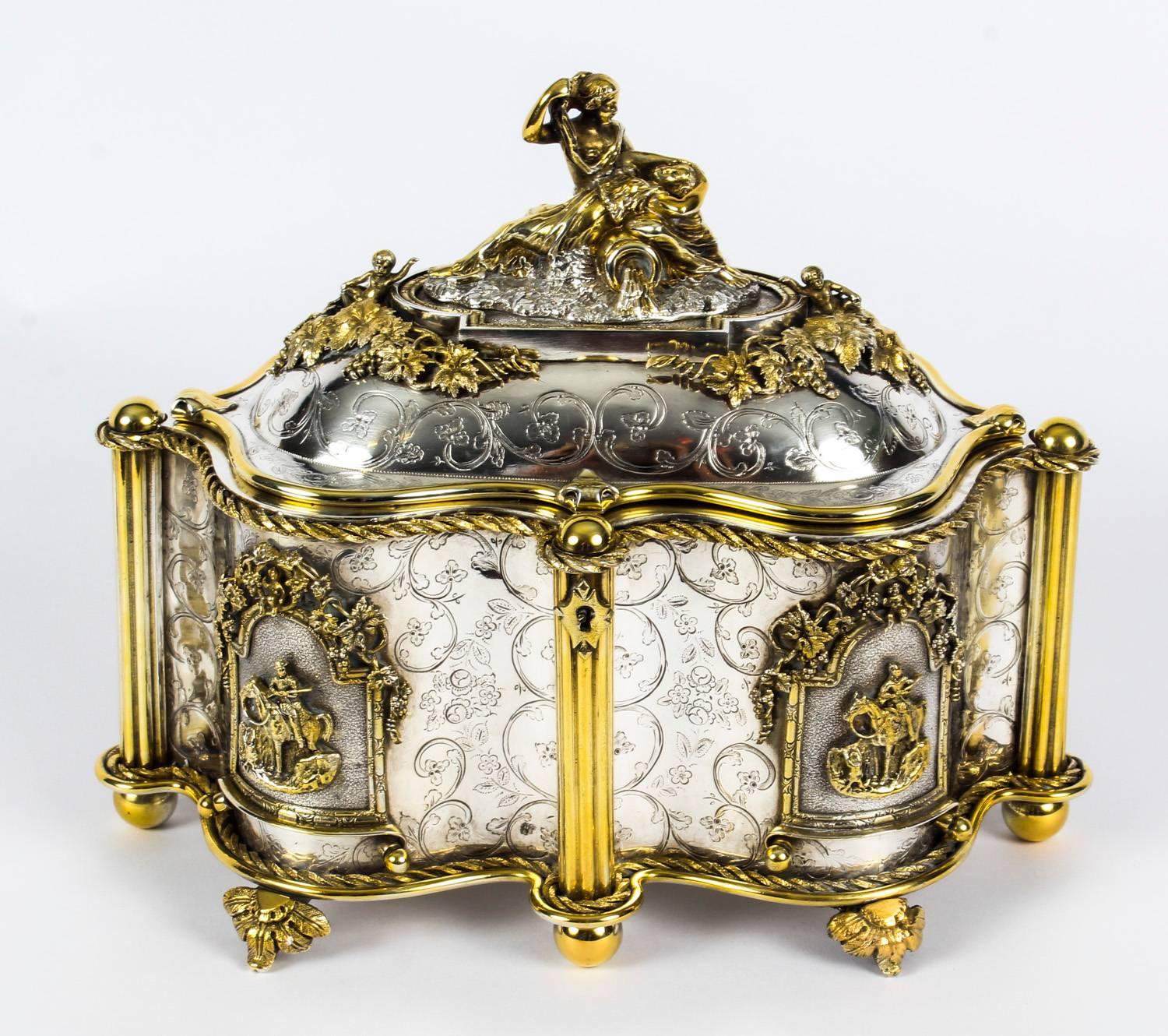 Gilt Antique Large French Gold and Silver Plated Oval Casket 19th Century