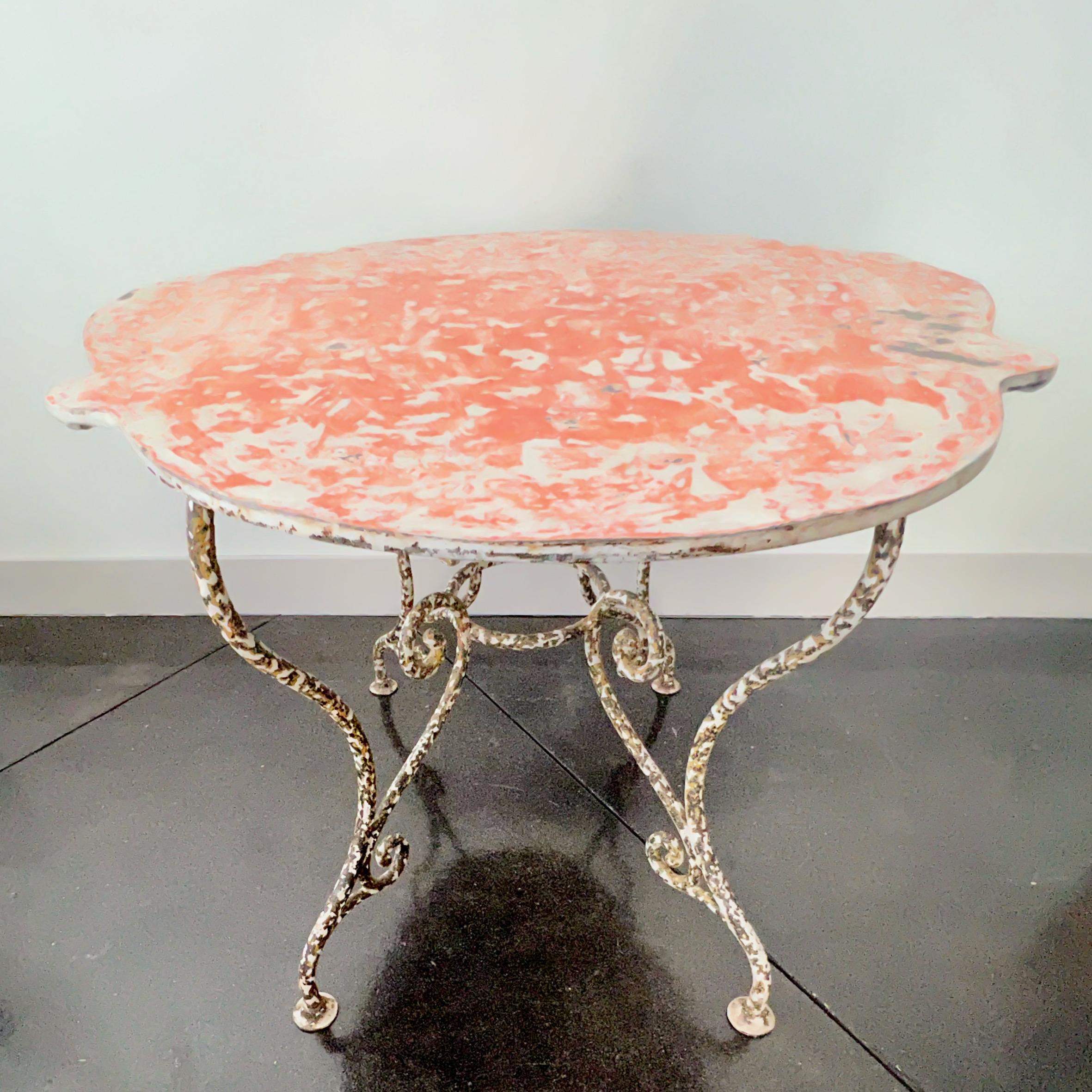 Hand-Crafted Antique Large French Iron Garden Table with Shaped Top For Sale