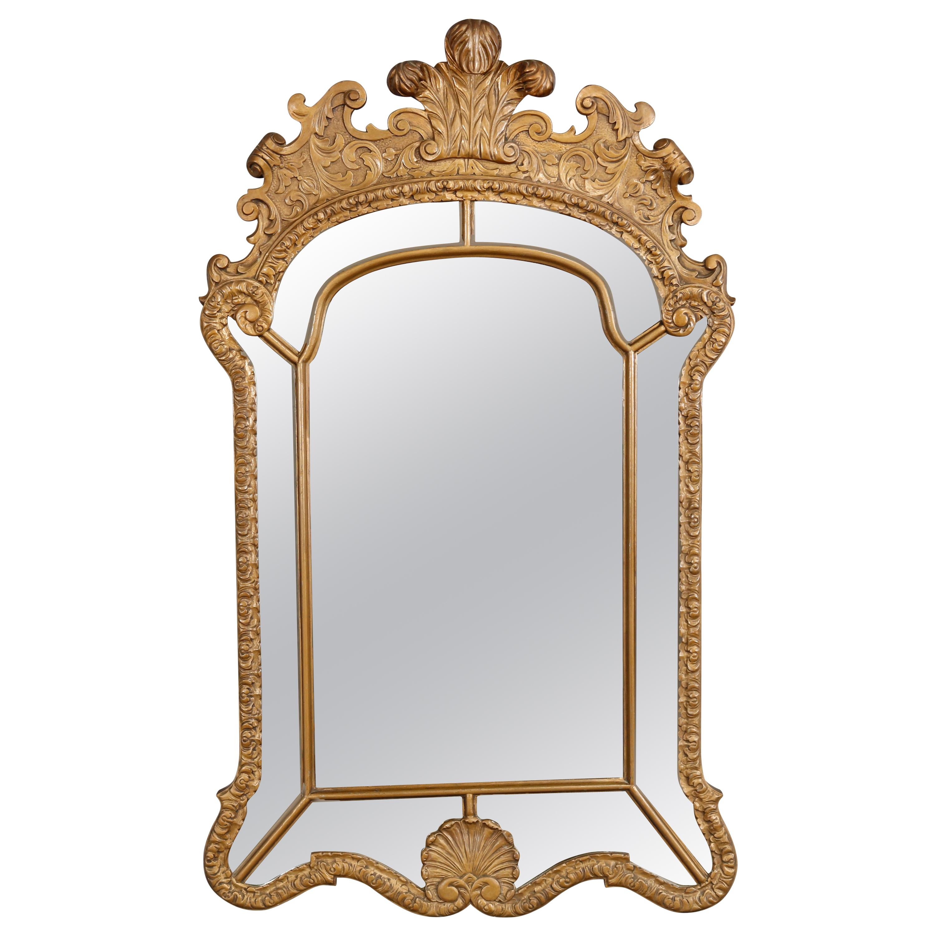 Antique Large French Louis XV Palmette Parclose Giltwood Wall Mirror, C 1910