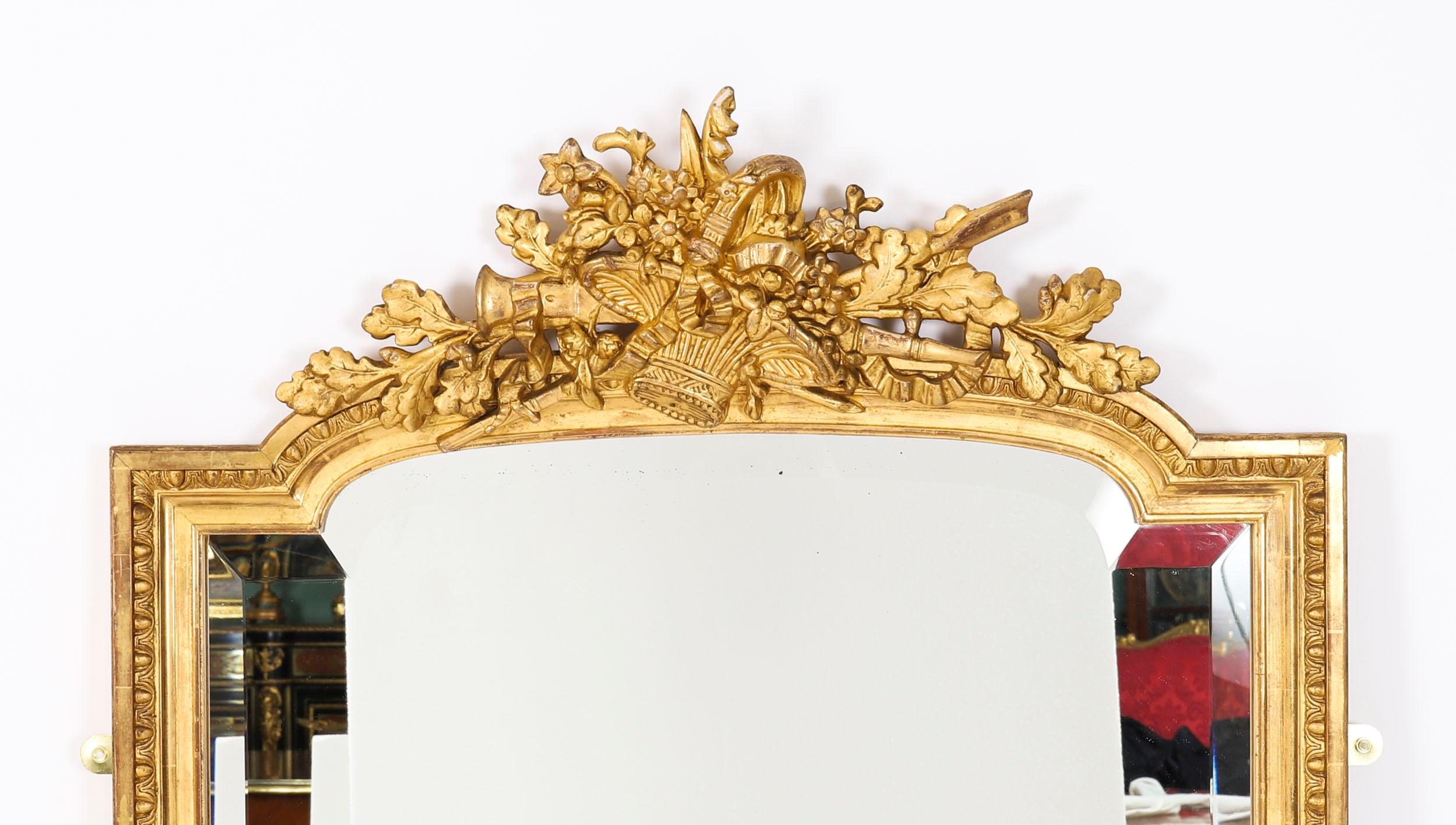 Il s'agit d'un élégant miroir mural en bois doré sculpté de style Louis XVI, datant d'environ 1880.

Le cadre rectangulaire doré présente une plaque de miroir biseautée avec une moulure en forme d'œuf et de dard, des rinceaux feuillus à la base et