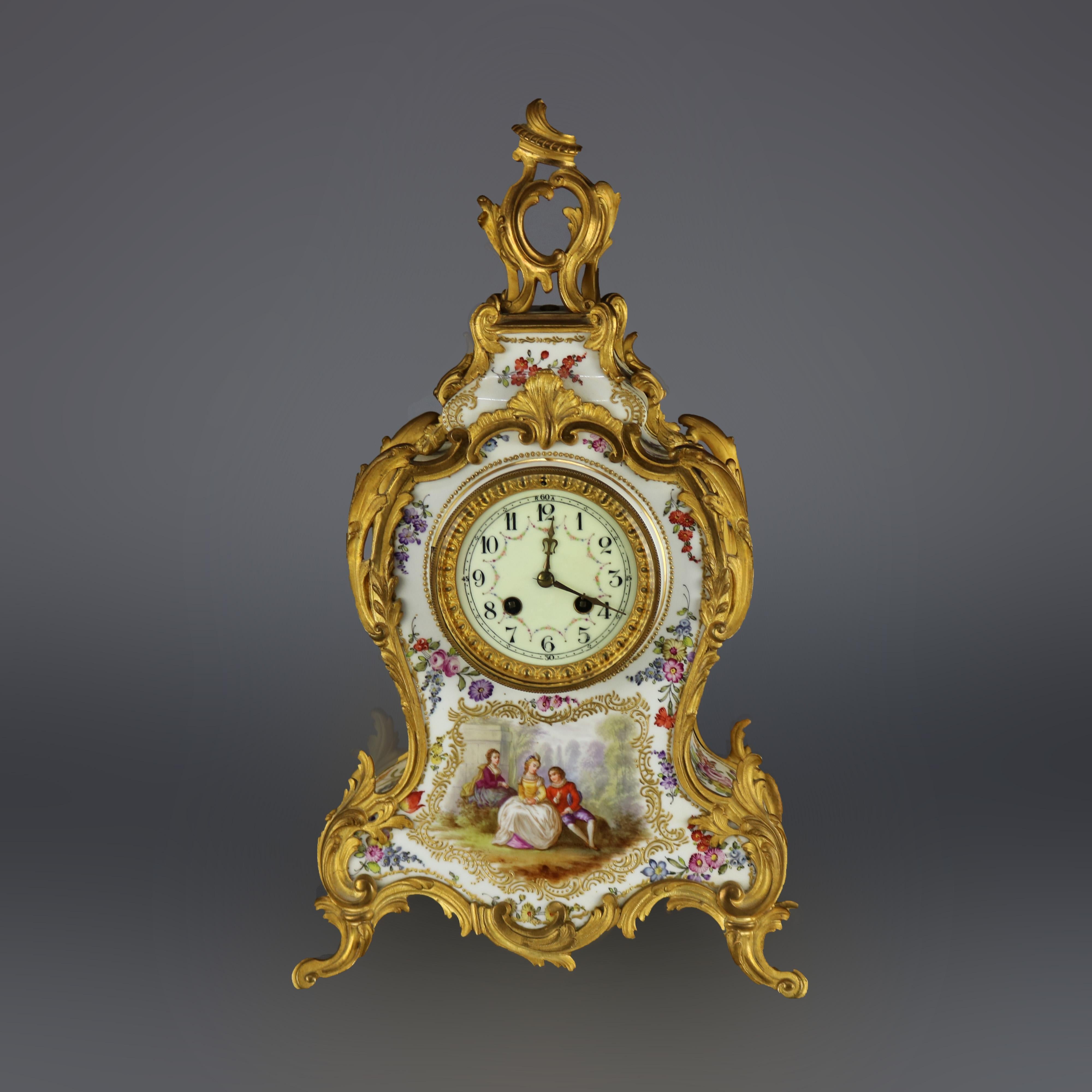 Antique Large French Louis XIV Porcelain & Dore Bronze Clock, circa 1890 In Good Condition In Big Flats, NY